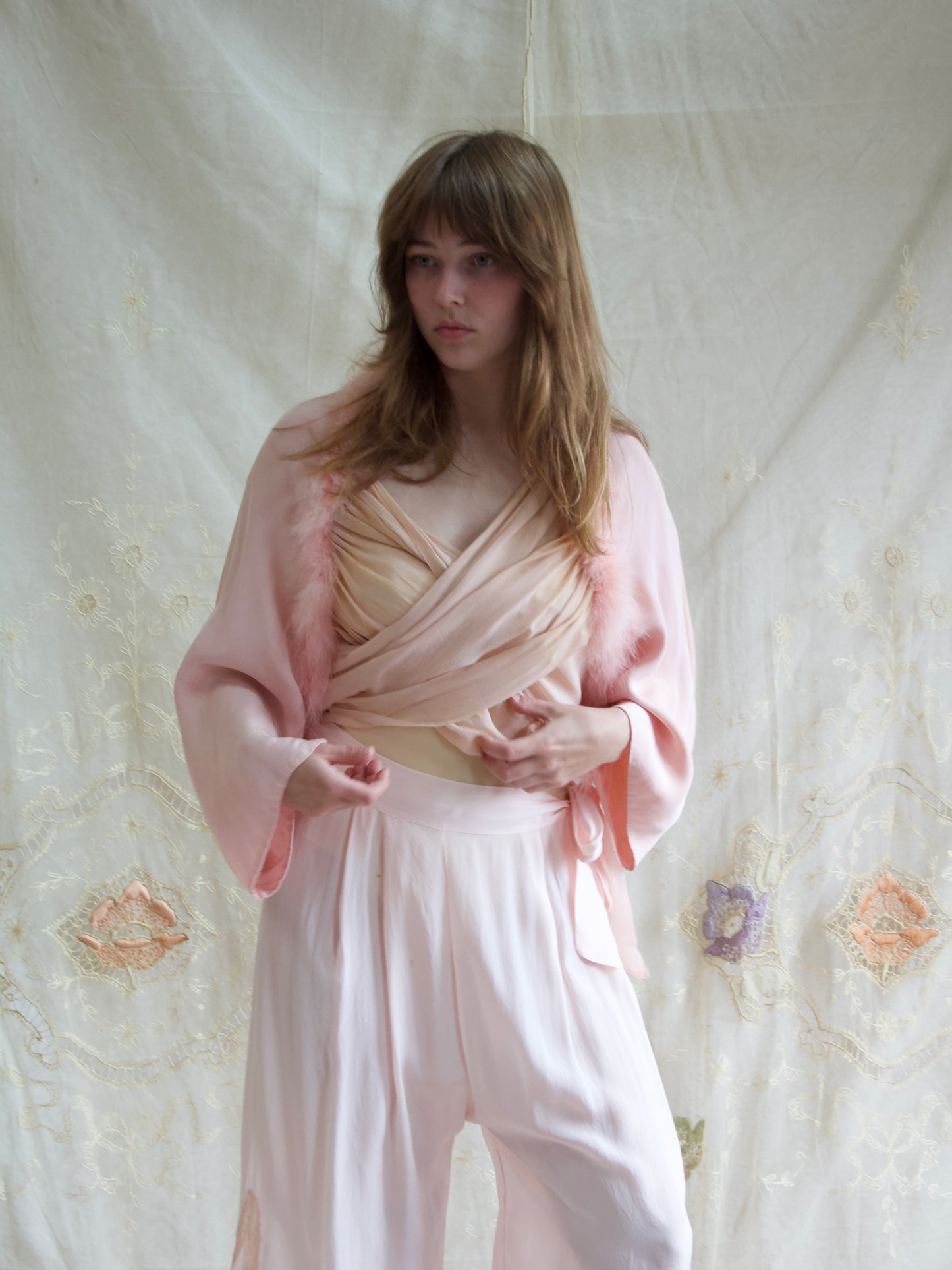 1930s Soft Pink Crepe, Chiffon & Marabou Trim Tie front Bolero