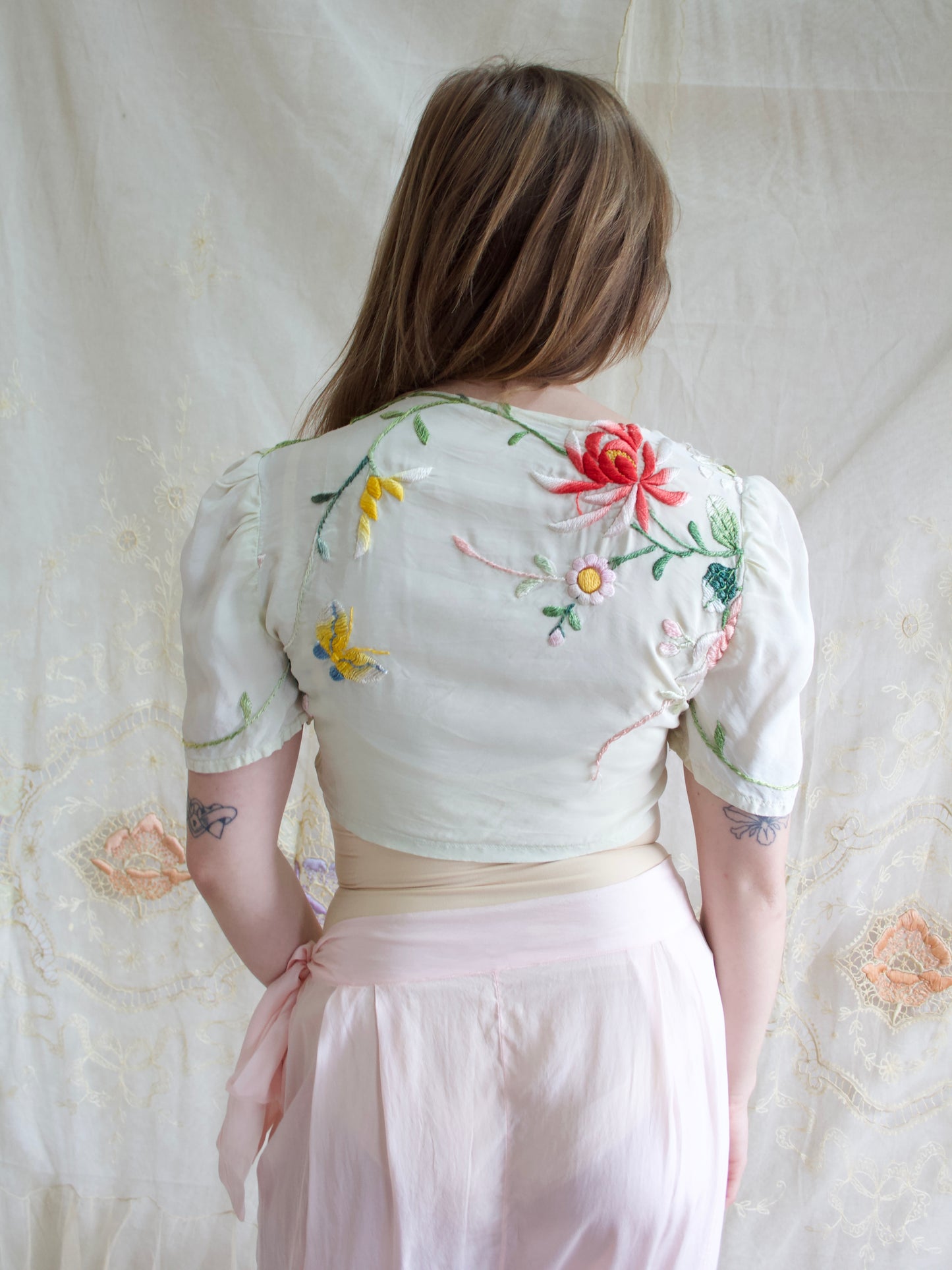 1940s Remade Piano Shawl Tie front Puff Sleeve Seafoam Blouse