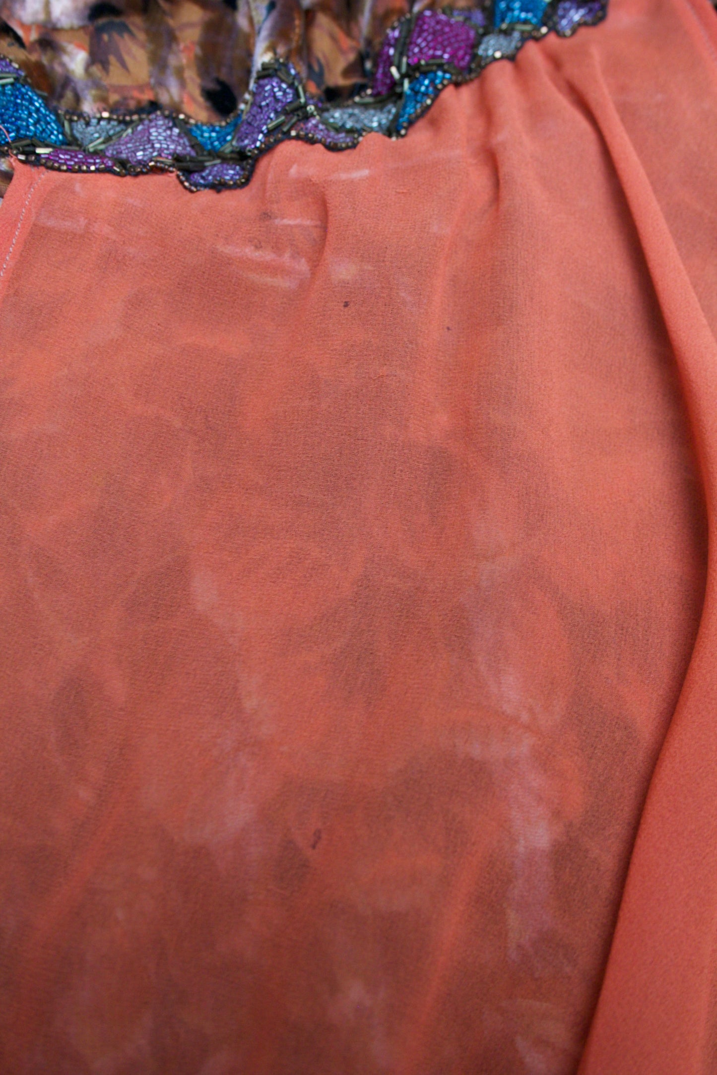 Antique 1920s Autumnal Micro Beaded Devore Velvet & Chiffon Lamé Trim Drop Waist Gown