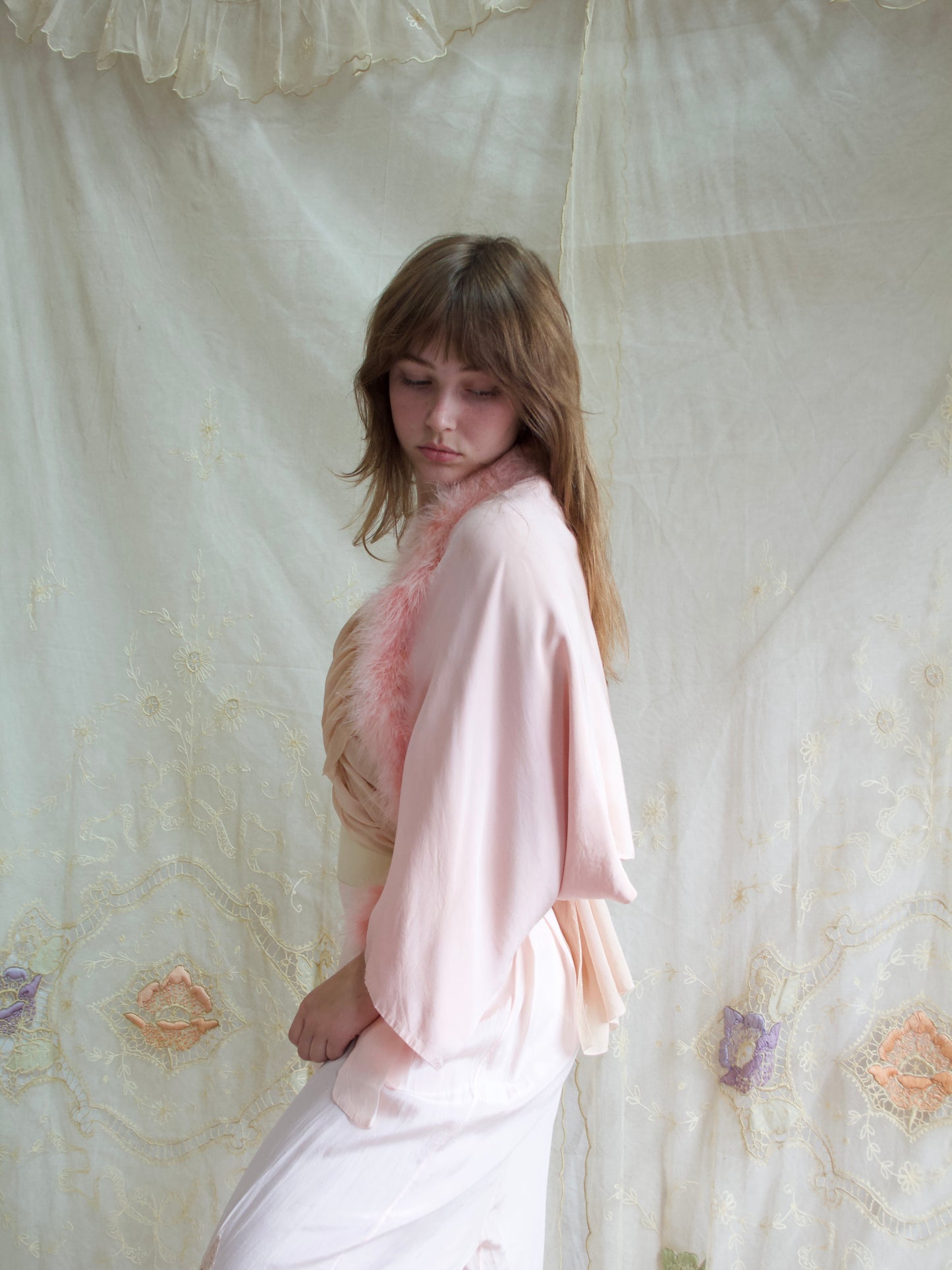 1930s Soft Pink Crepe, Chiffon & Marabou Trim Tie front Bolero