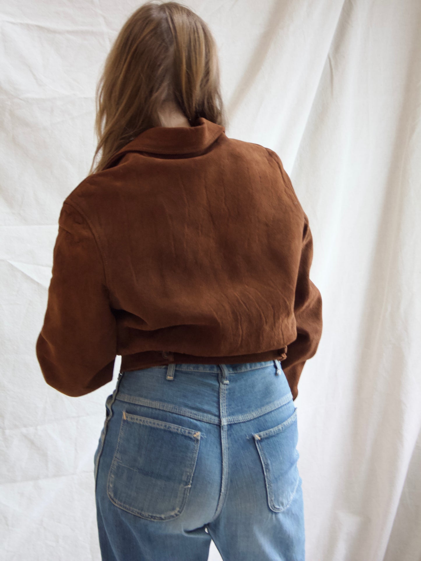 1940s Cropped Suede Flannel Lined Side Cinch Jacket