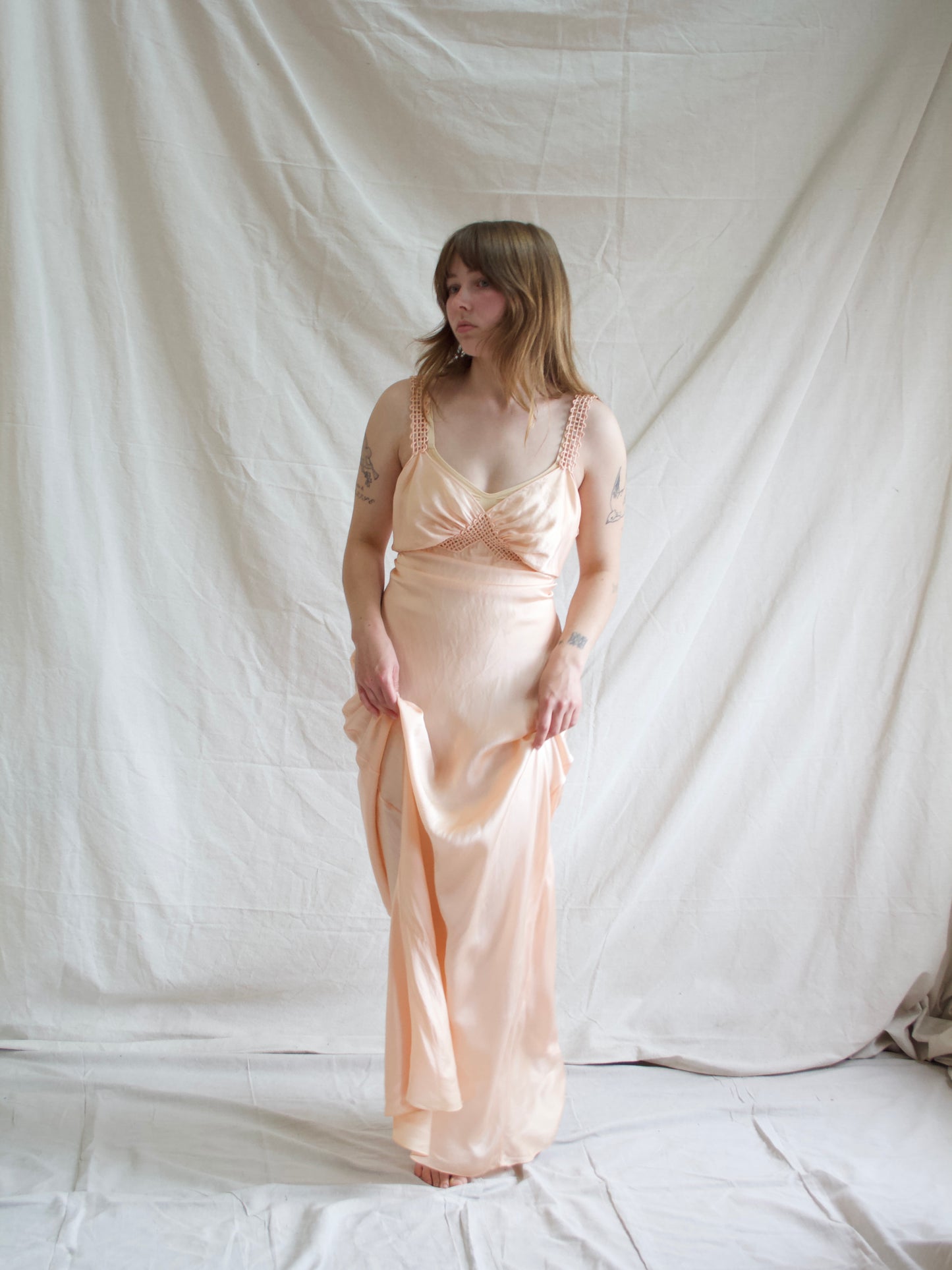 1930s Hand Sewn Woven Strap Bias Cut Silk Midriff Detail Slip Dress