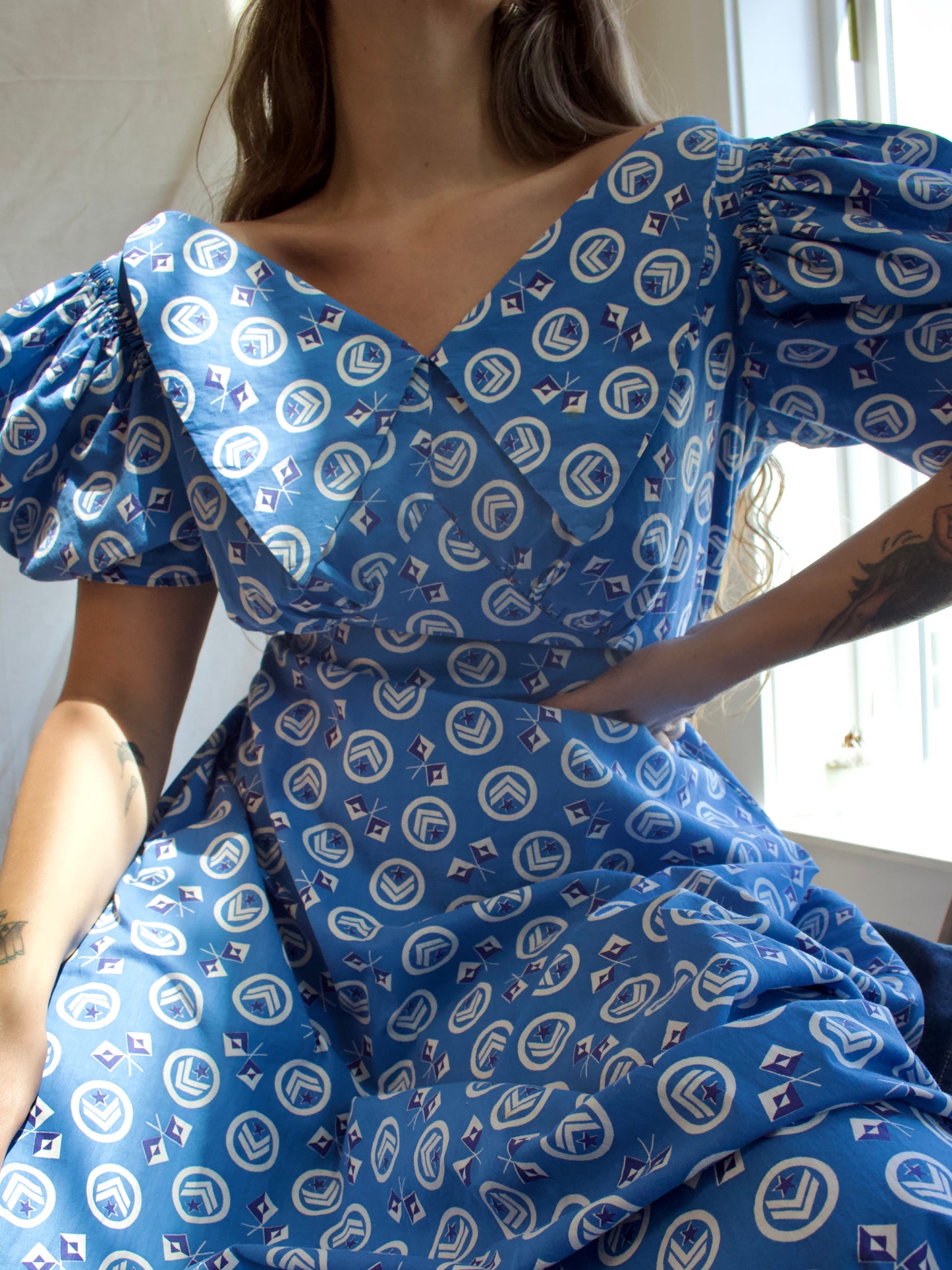 1930s Nautical Print Gigot Sleeve Cotton Beach Dress