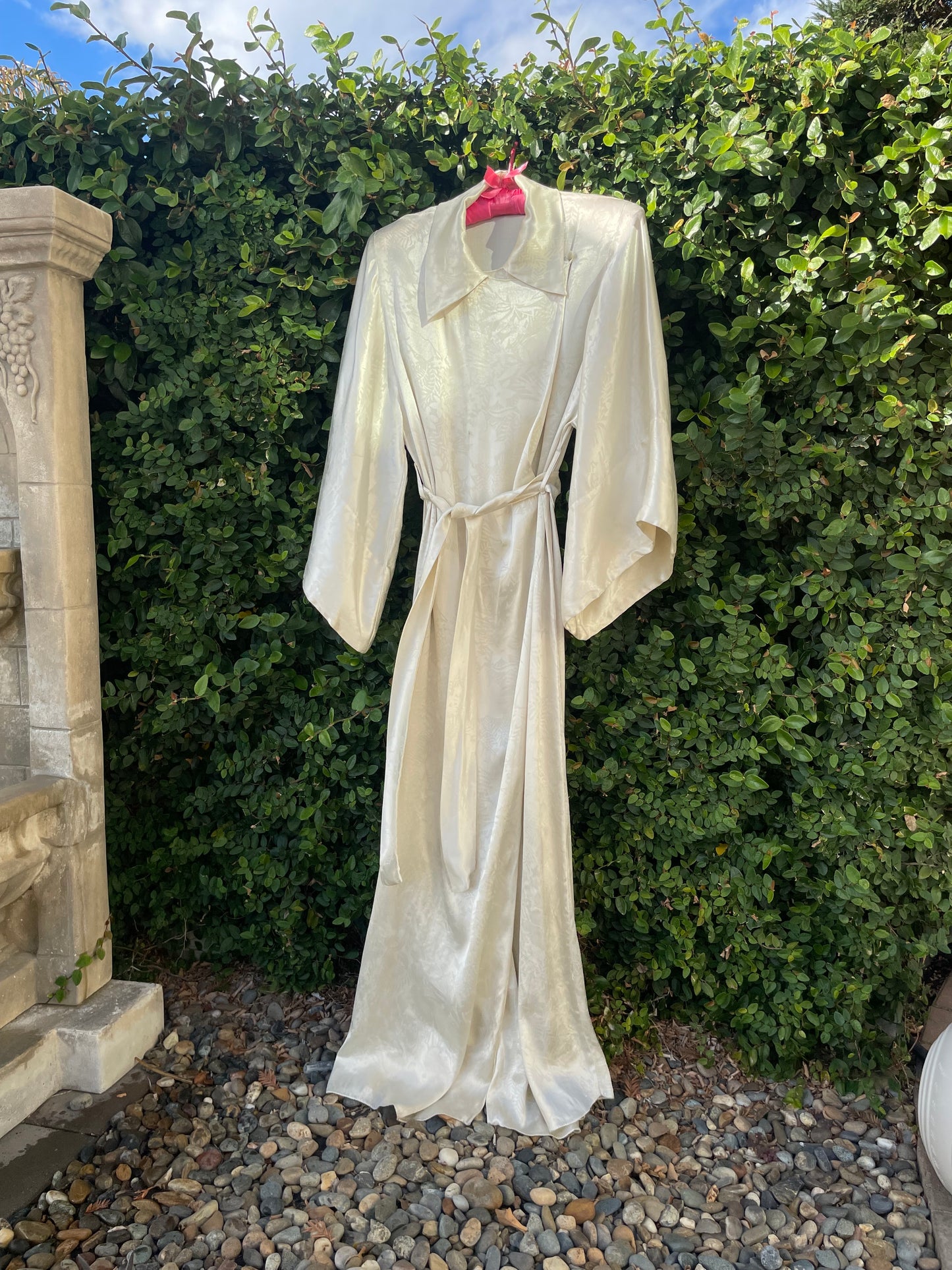 1930s Bell Sleeve Floral Ivory Charmeuse Collared Hostess Gown