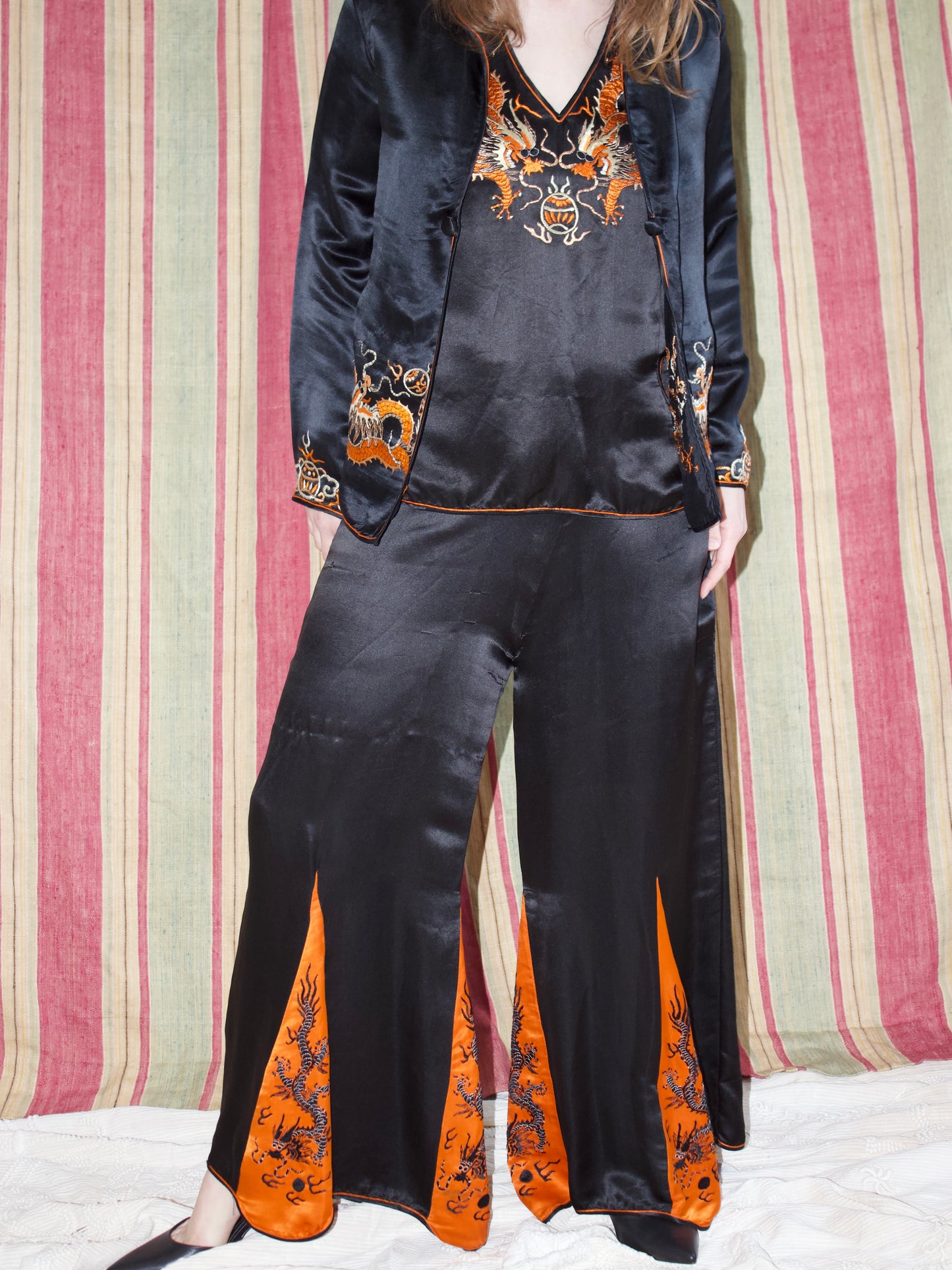 Antique 1920s Silk Wide Leg Chinese Dragon Embroidered 3 PC Lounging Pajamas