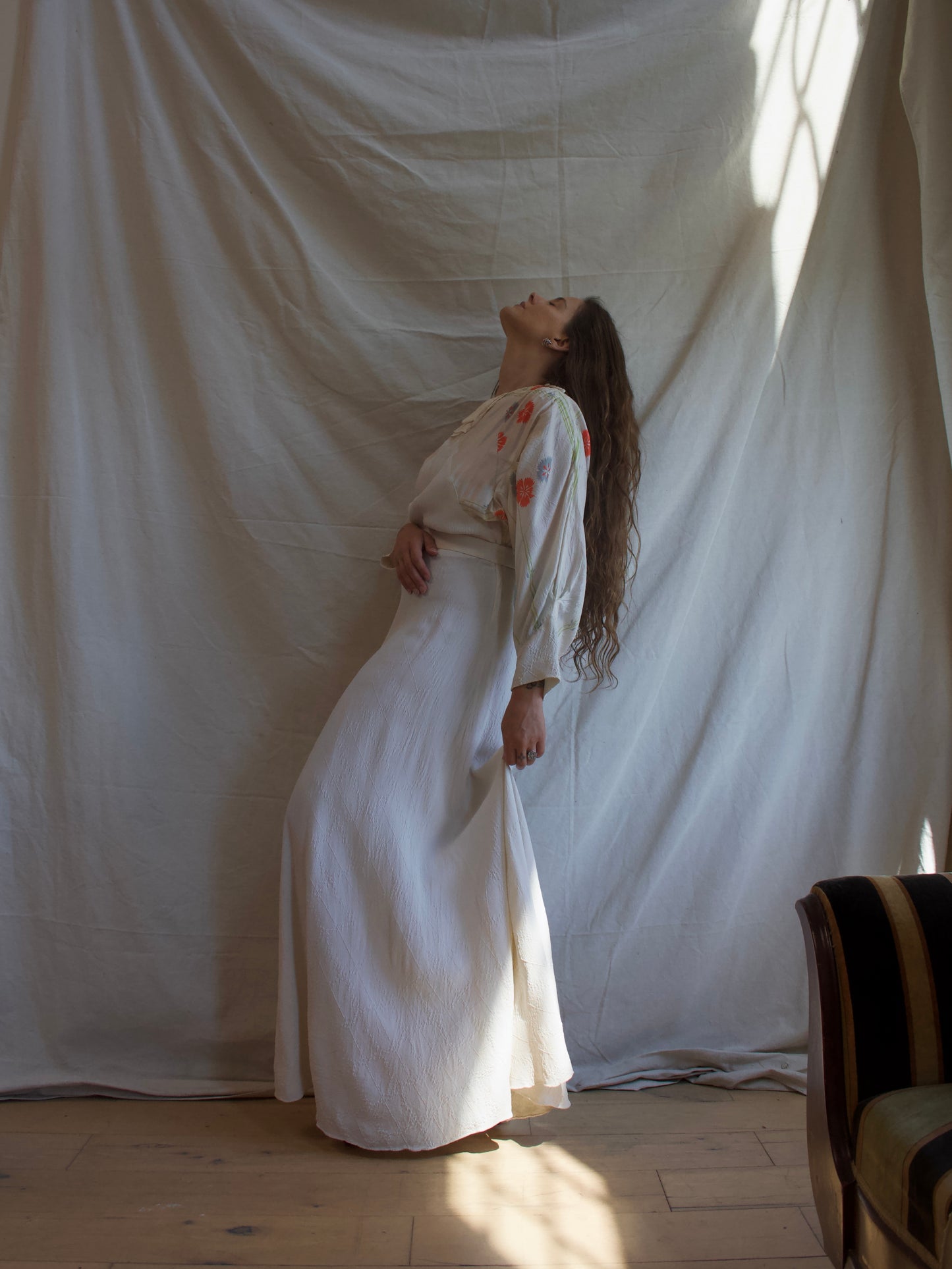 1930s Ivory Crepe & Floral Silk Dolman Sleeve Gown