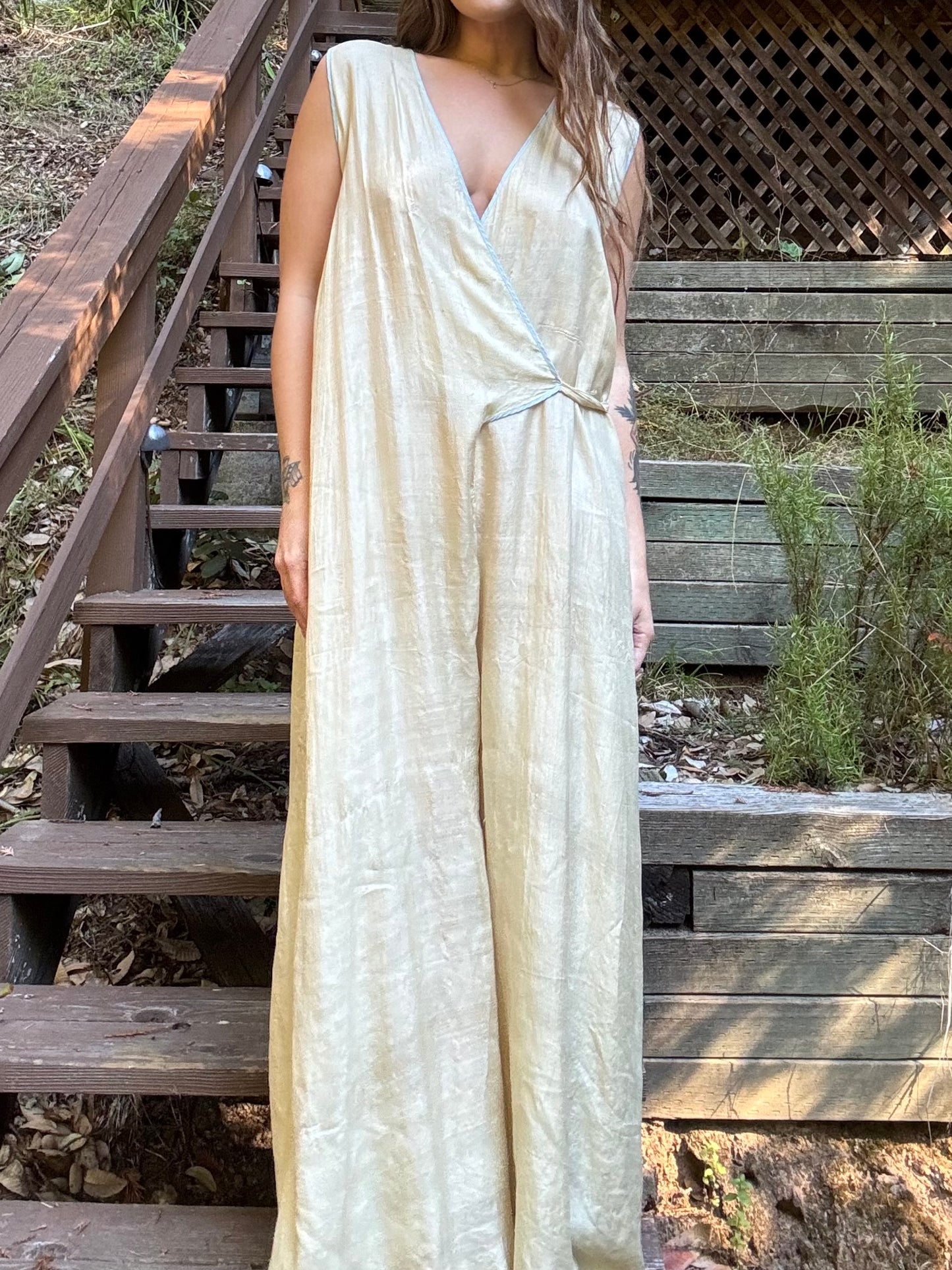 Antique 1920s Ecru Pongee Silk Tie Waist Beach Pajamas Jumpsuit