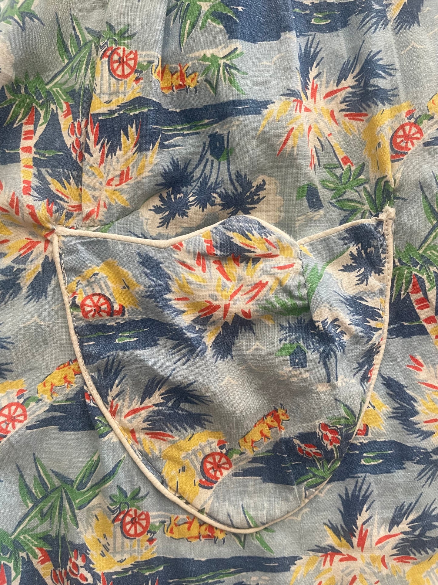1930s/1940s Tropical Print Cotton Bishop Sleeve Smock