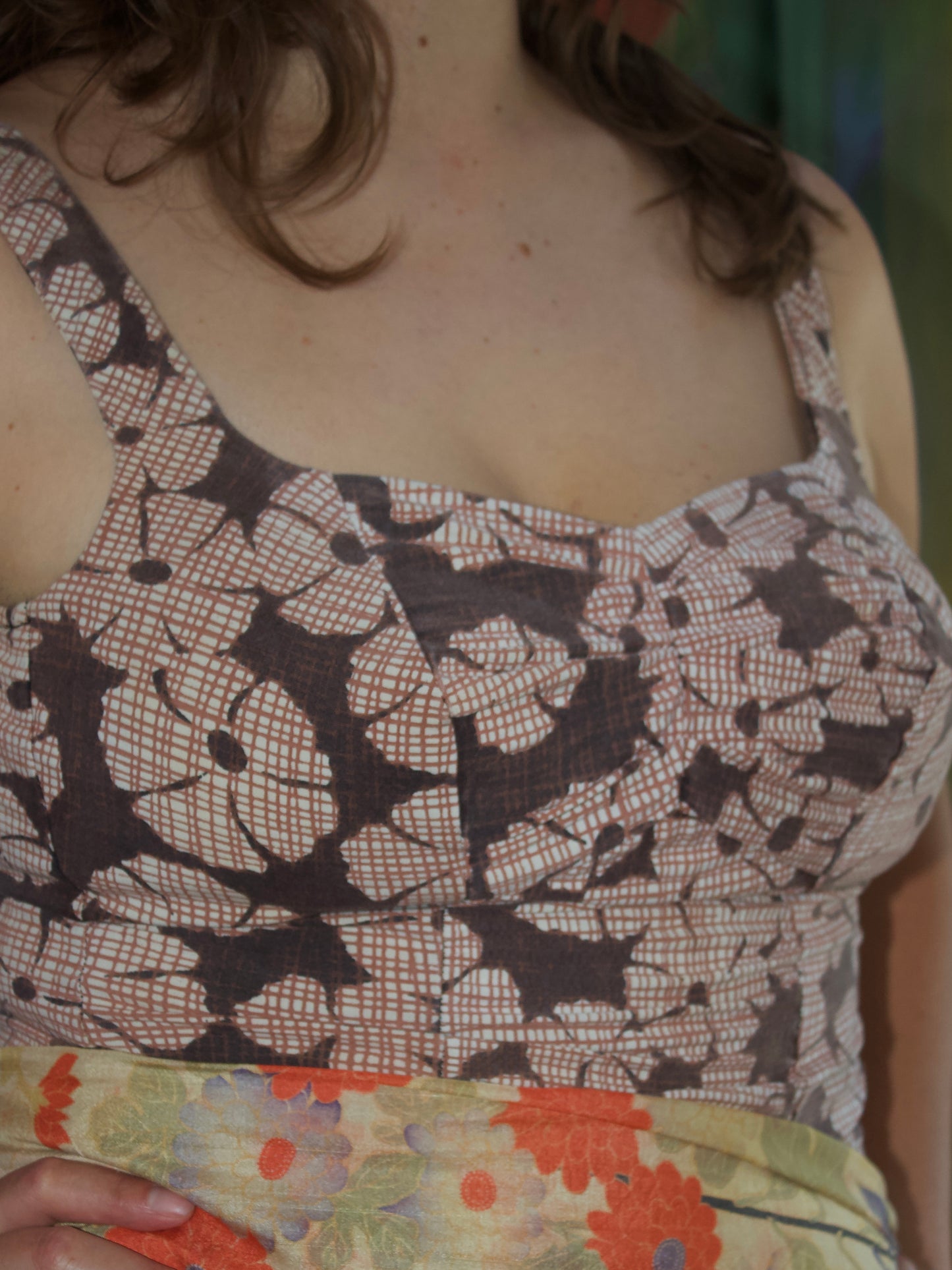 1950s Low Back Floral Print Ruched Cotton Bathing Suit