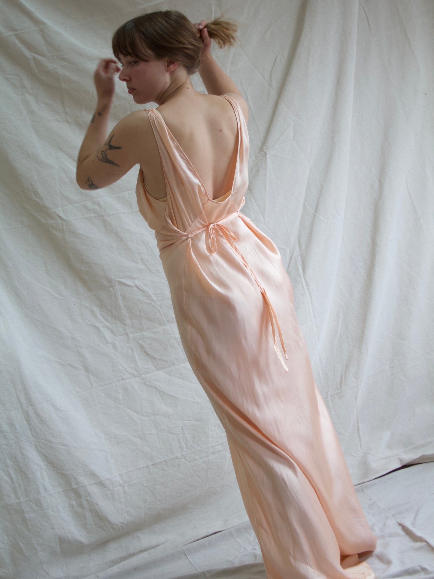 1930s Hand Sewn Woven Strap Bias Cut Silk Midriff Detail Slip Dress