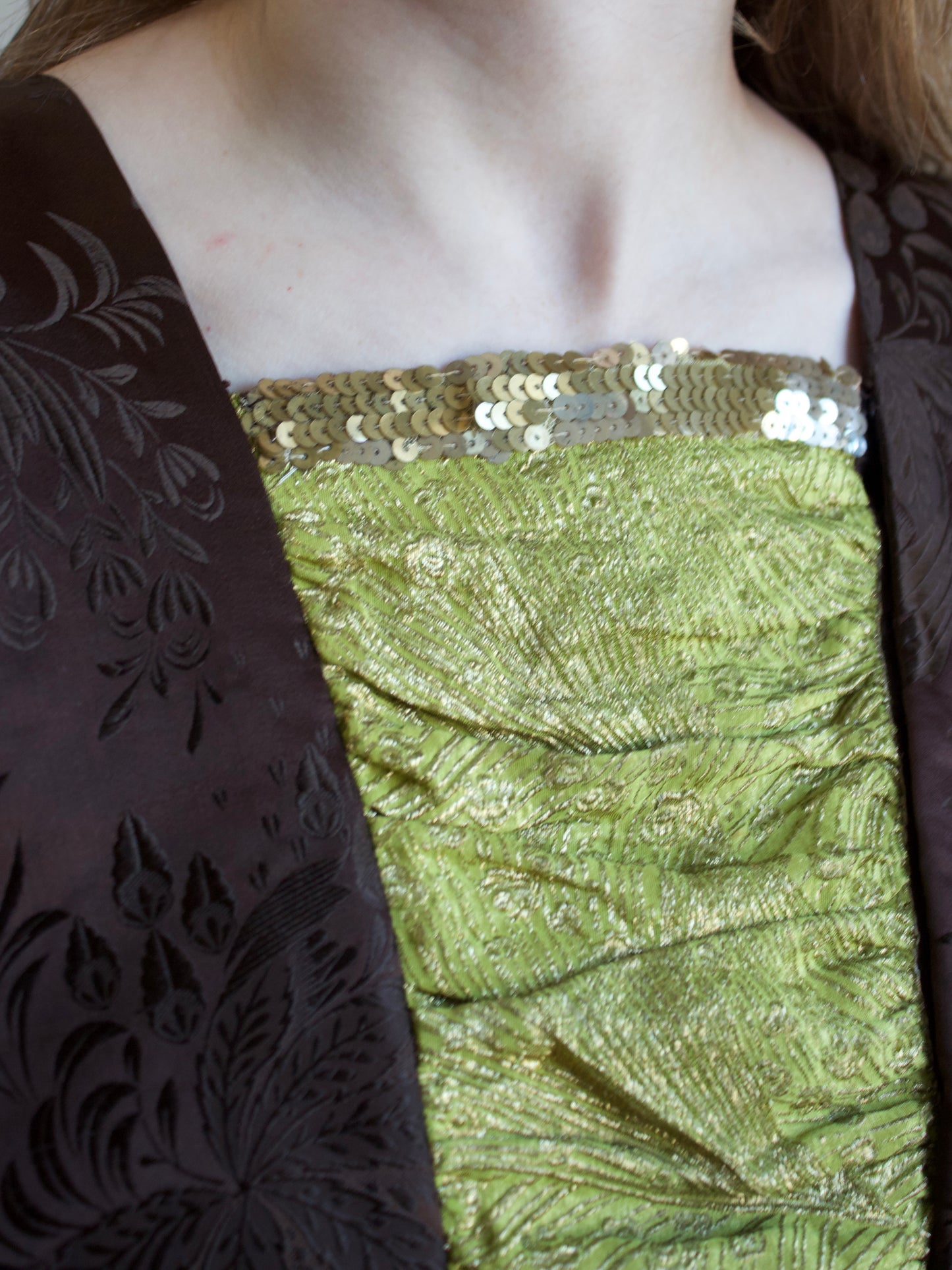 1930s Silk Satin Jacquard & Lamé Sequin Trim Gown