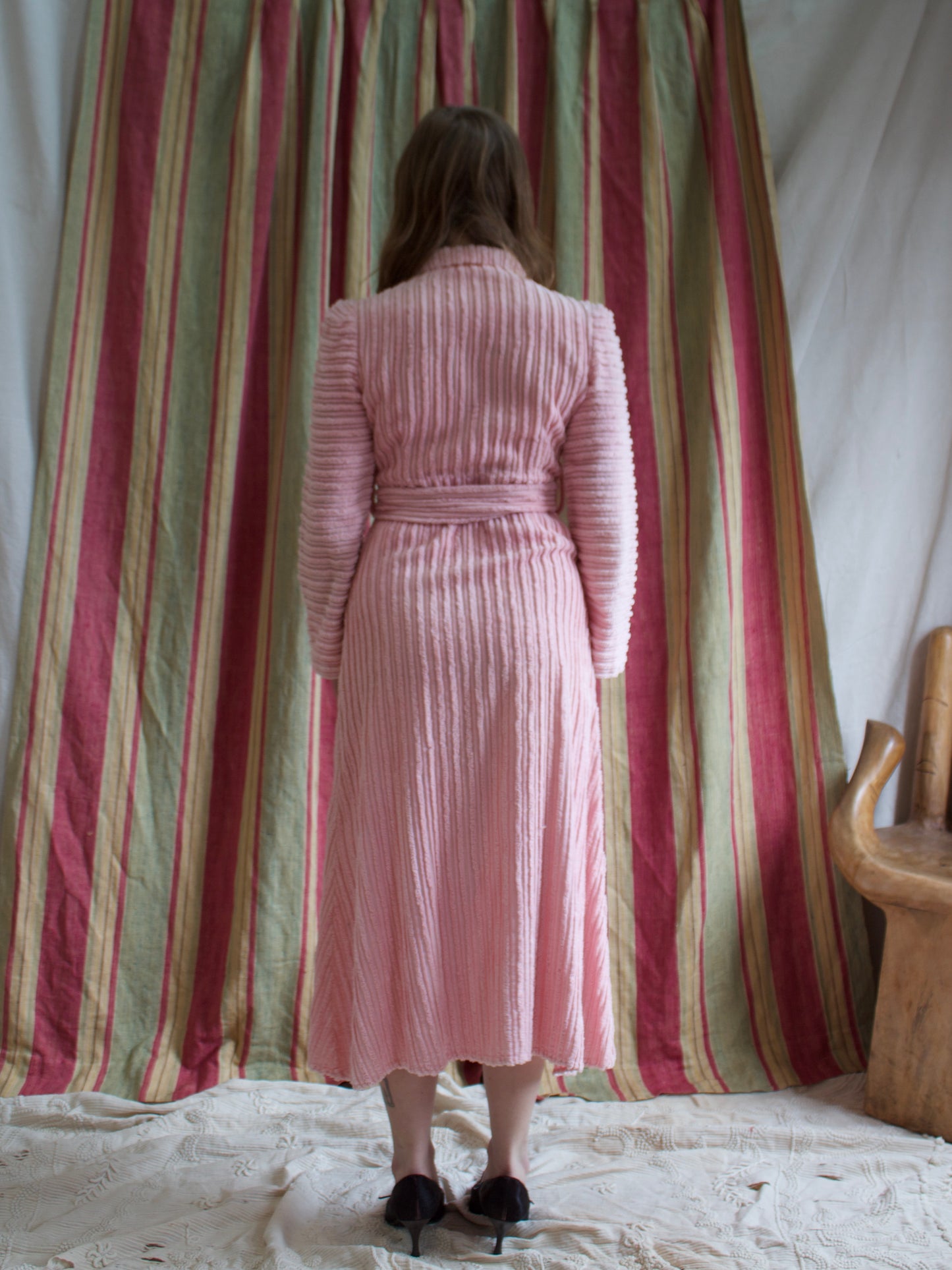 1940s Ballet Pink Chenille Puff Sleeve Tie Waist Dress