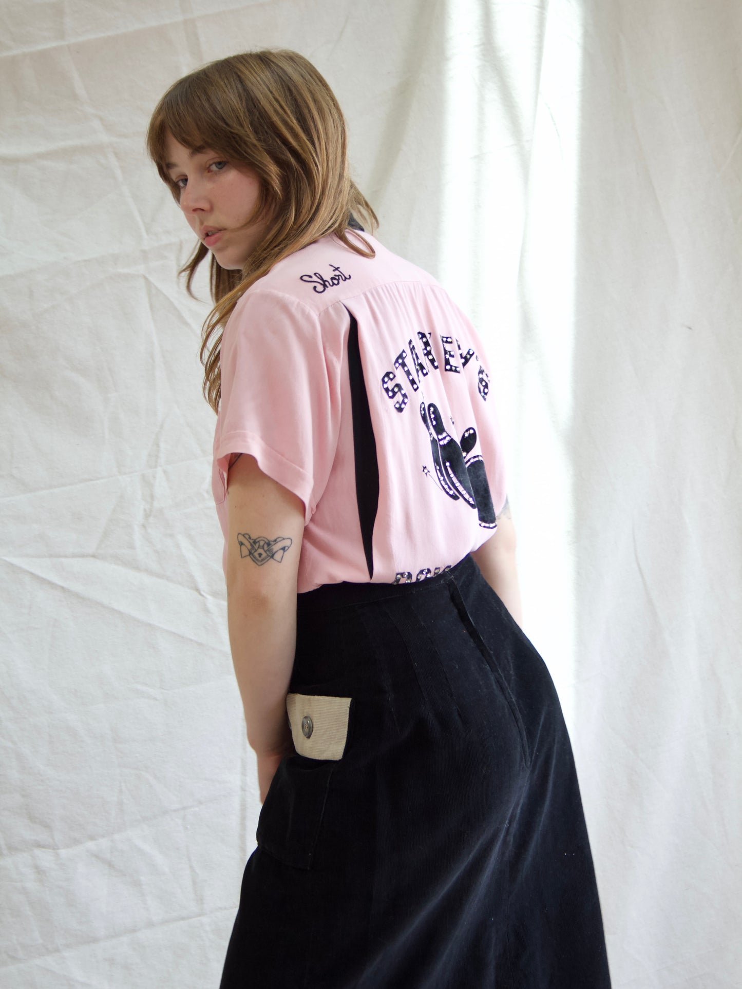 Rare 1950s “Starkeys Bowlerettes” Pink Rhinestone Embellished Gabardine Bowling Shirt