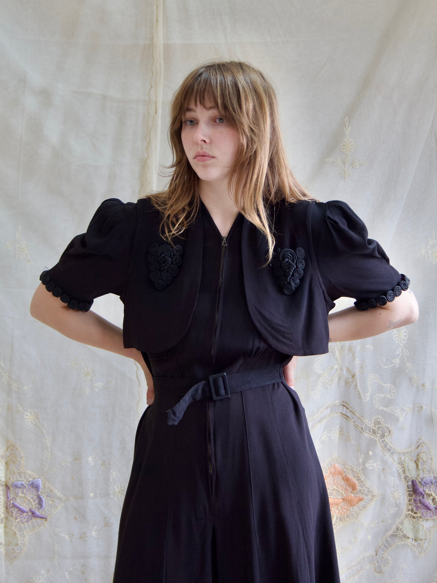 Inky Black 1940s Rayon Crepe 2 Piece Zip front Puff Sleeve Dress