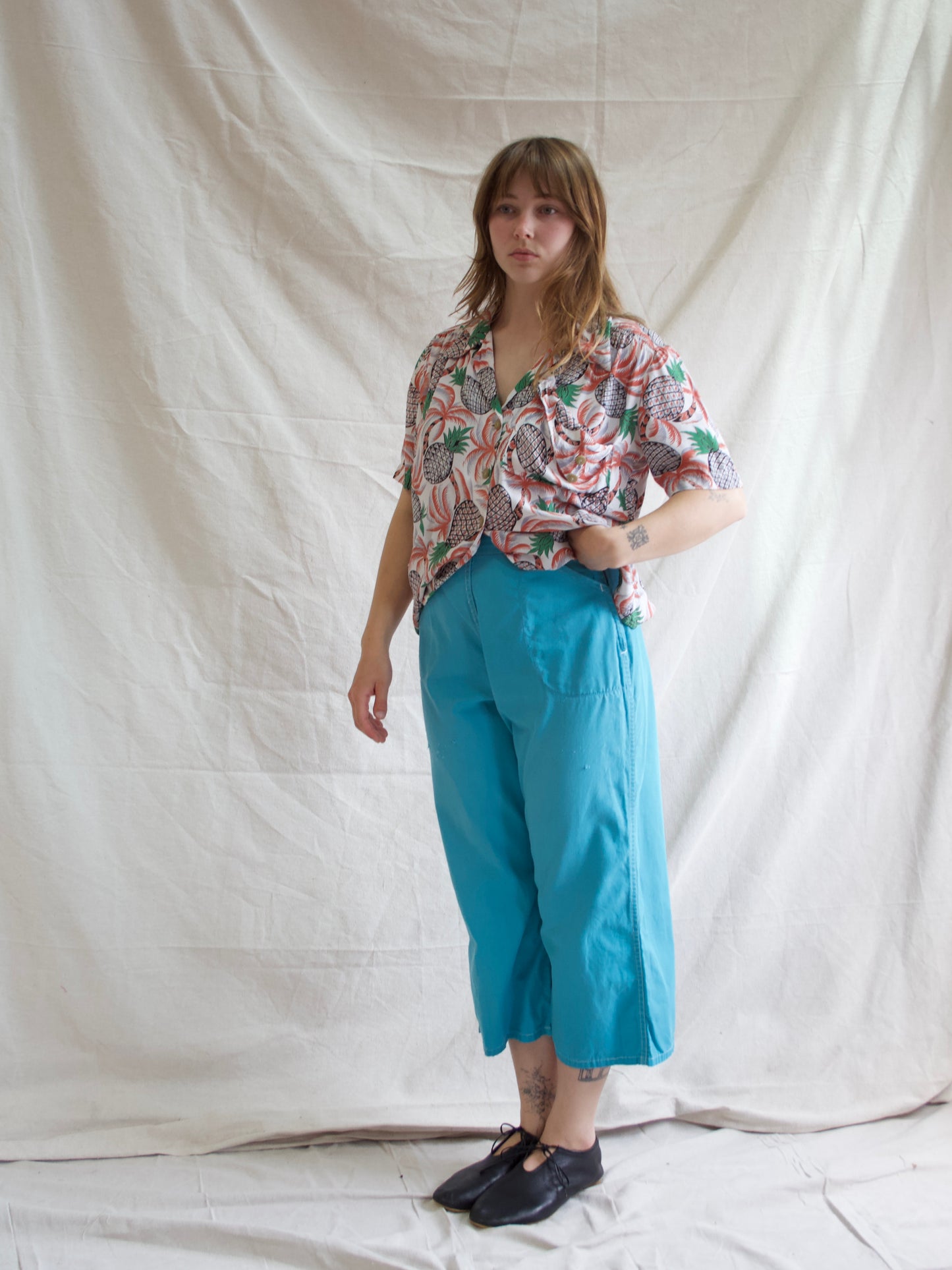 1940s Cold Rayon Aloha Pineapple Front Hawaiian Women's Shirt
