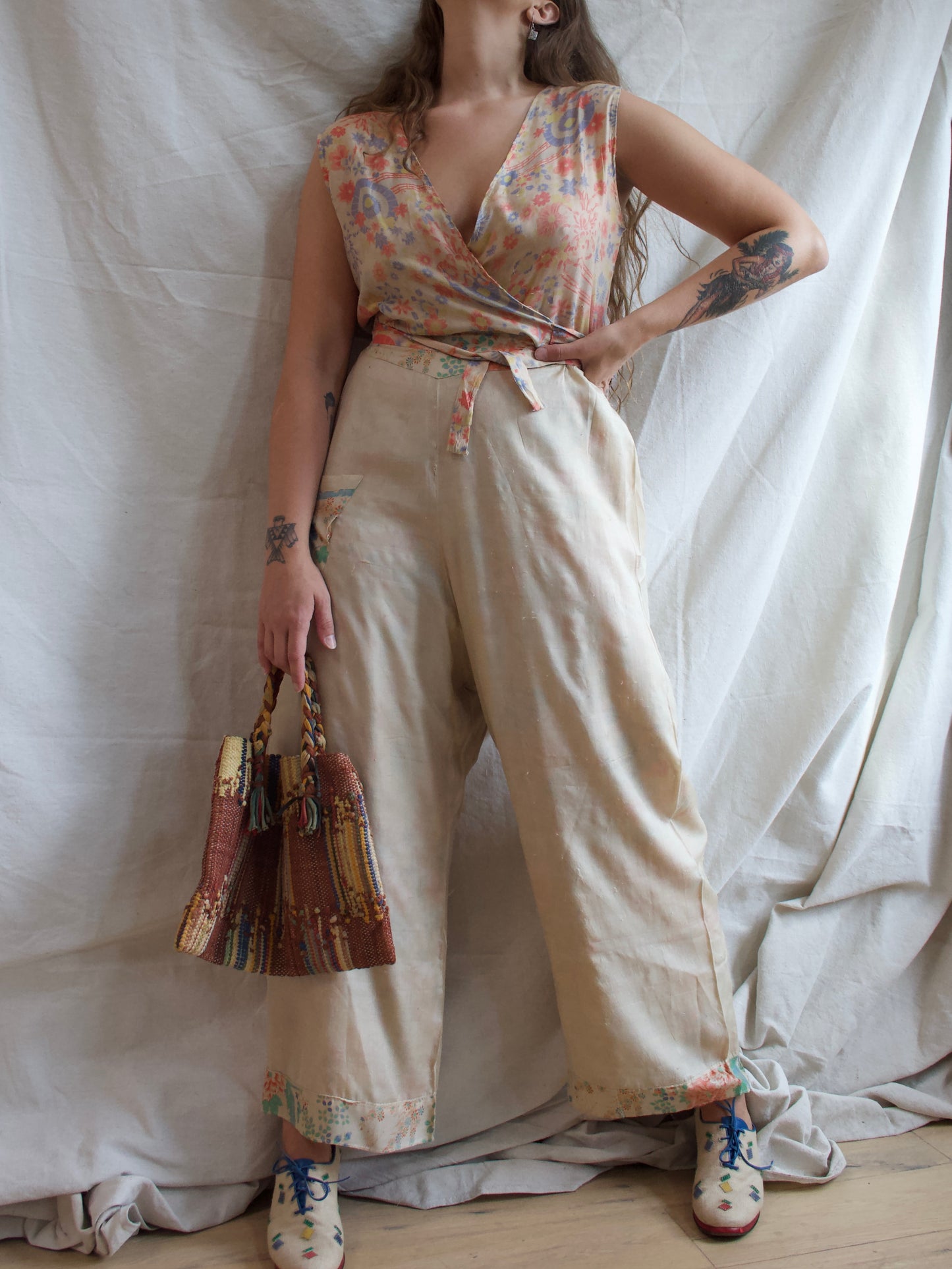 1930s Japanese Pongee Silk Border Trim Lounge Pants