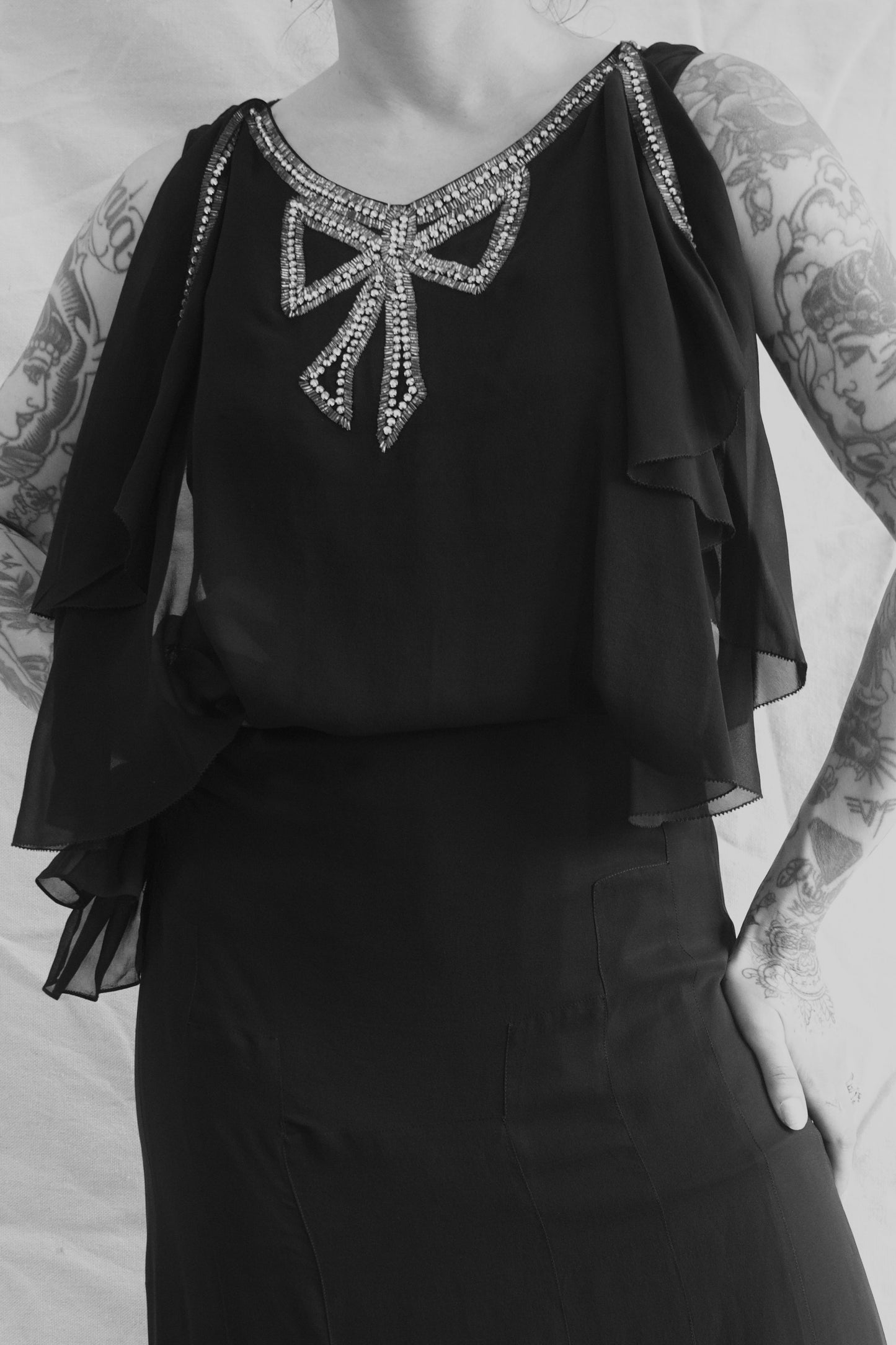 1930s Rhinestone Embellished Bow Capelet Chiffon Gown
