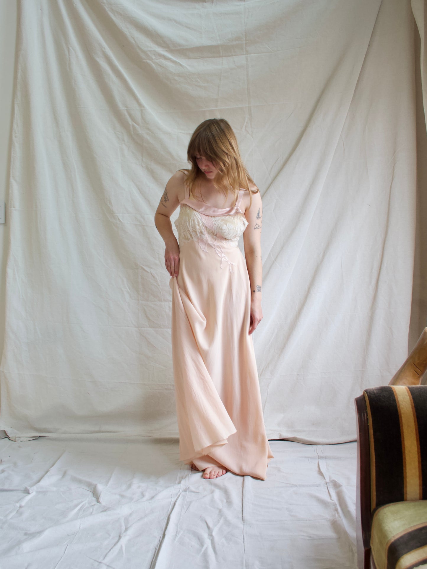 1930s Hand Sewn Bias Cut Silk Lace Floral Appliqués Slip Dress
