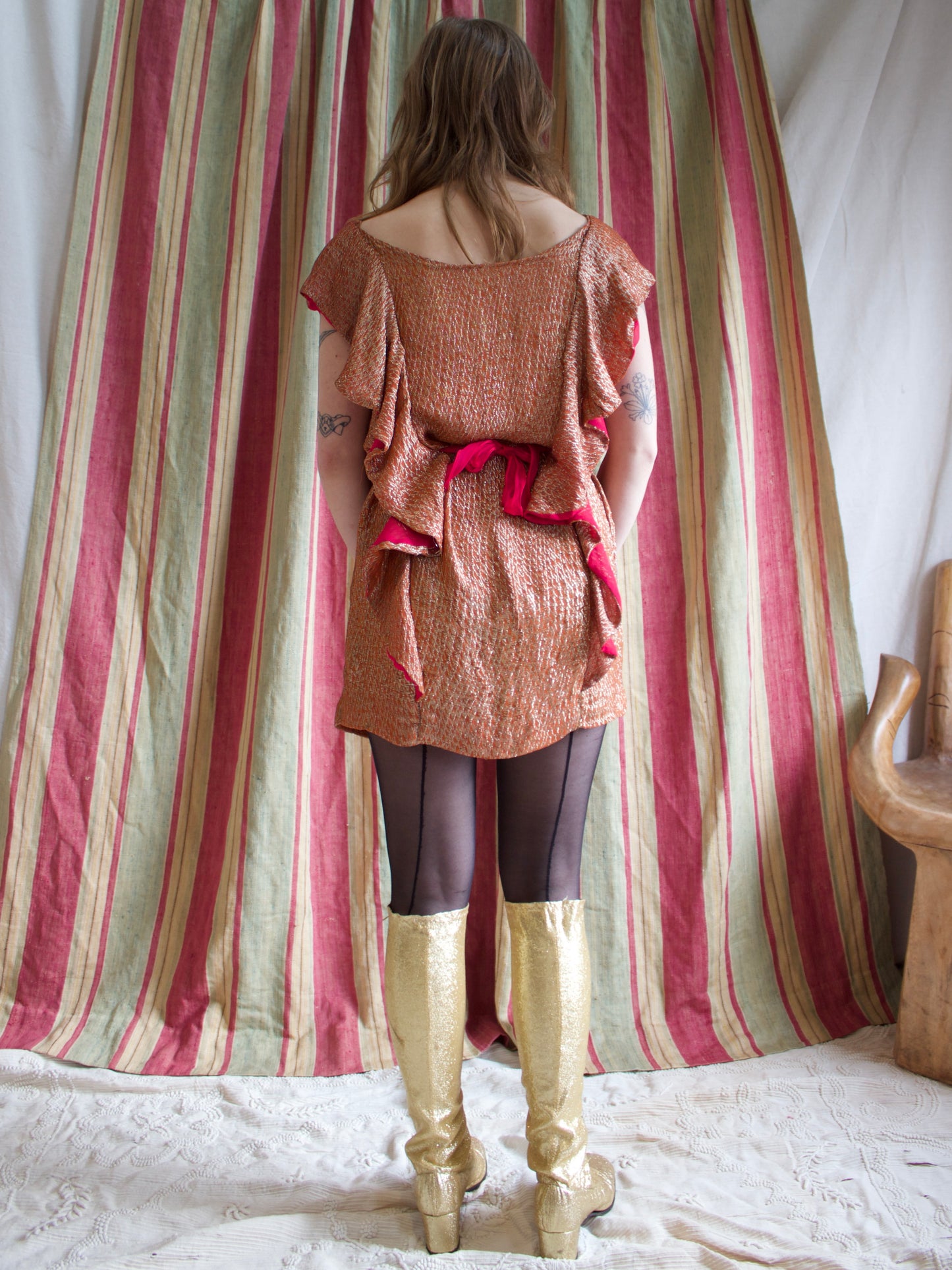 1930s Tangerine Lamé Ruffle Tunic w* Sash