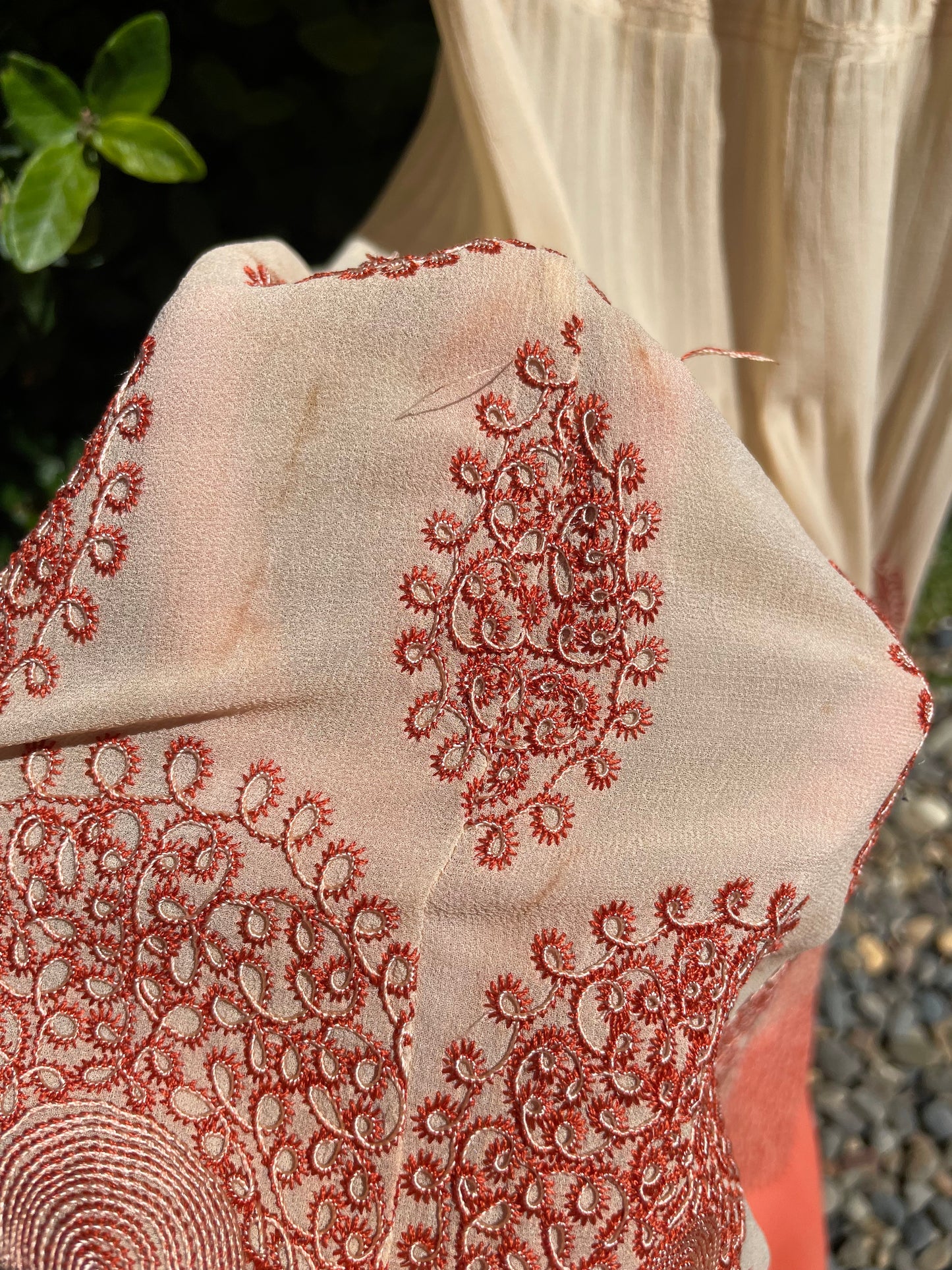 Early 1930s Saffron Embroidered Ecru Silk Crepe Ruched Sleeve Dress