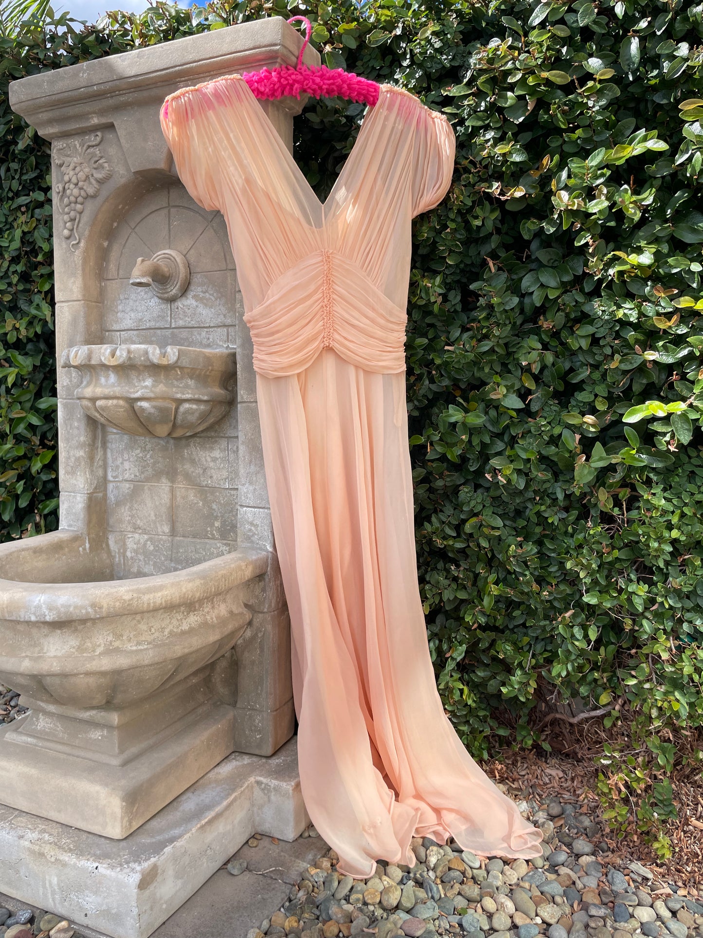 1940s I. Magnin Ballet Pink Shirred Silk Chiffon Dress