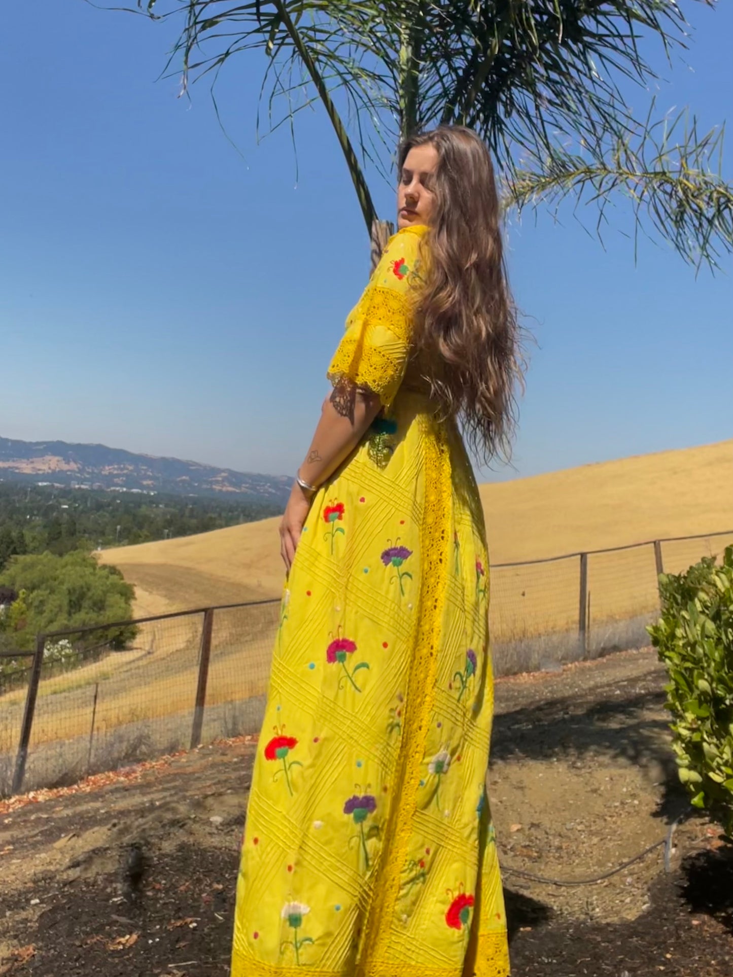 1970s Vibrant Yellow Embroidered Mexican Maxi Length Bell Sleeve Dress