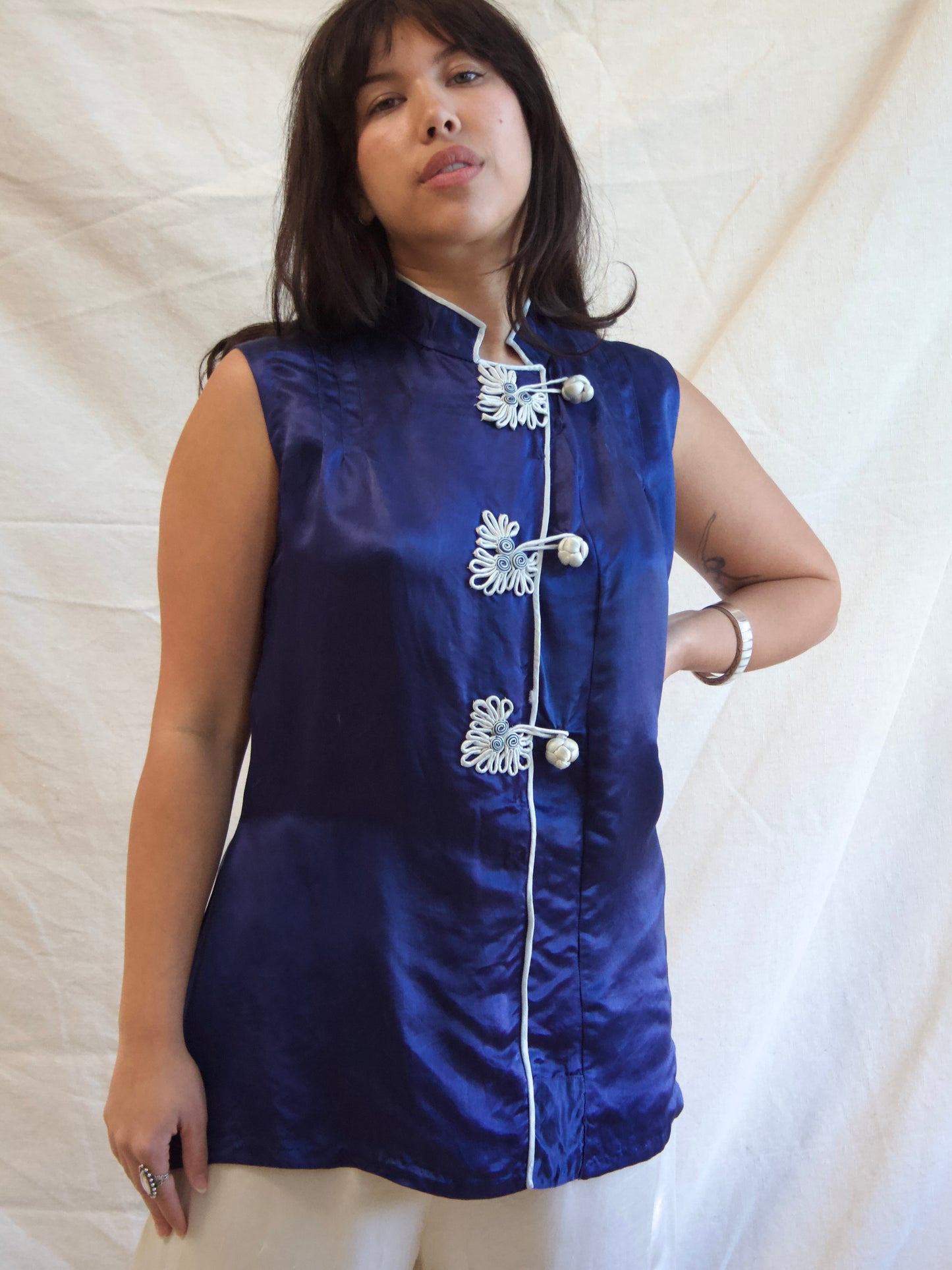 1940s Cobalt & Ivory Silk Two PC Loungewear Blouse Pant Set