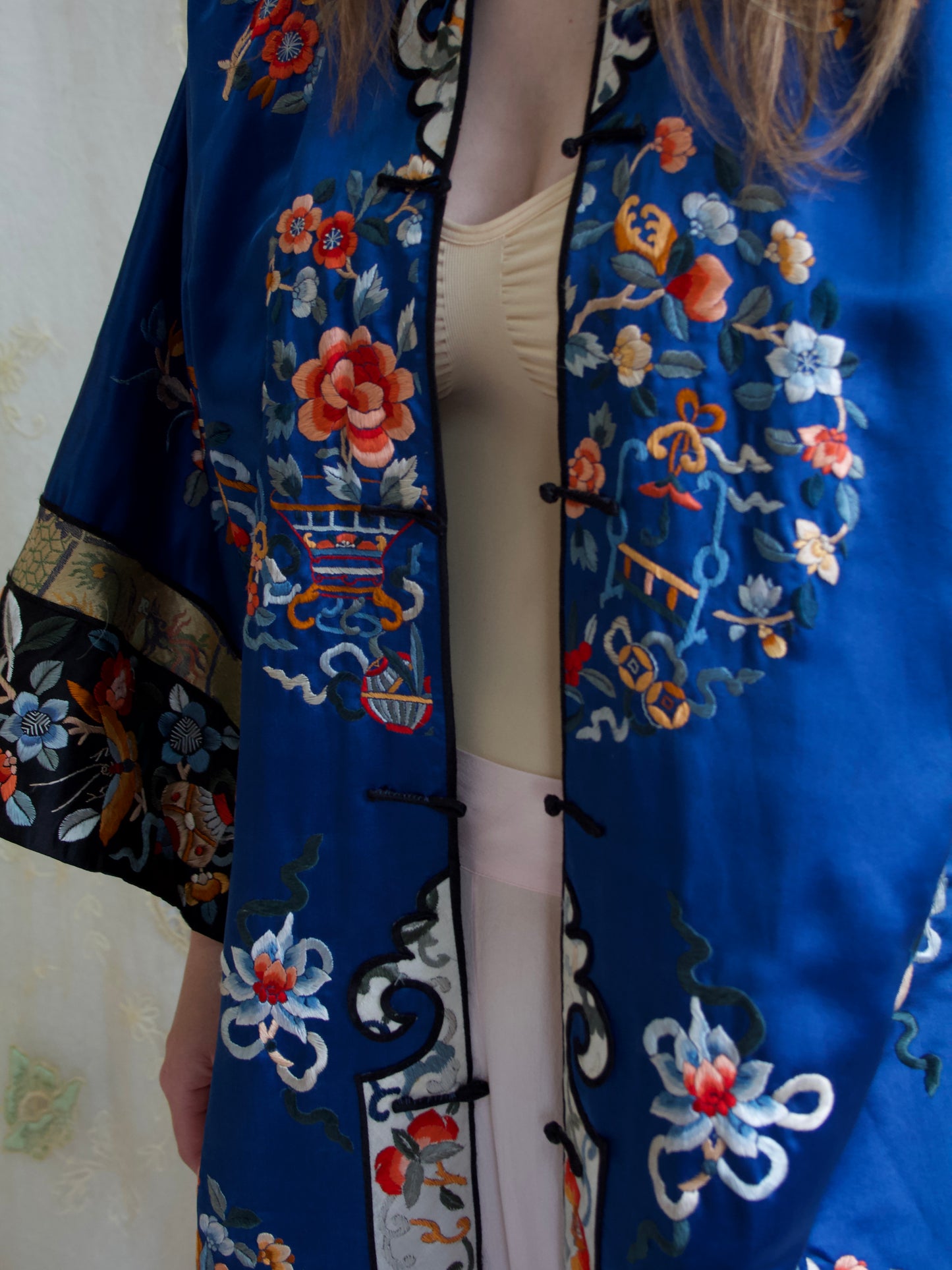 1940s Royal Blue Silk Chinese Mandarin Collar Robe