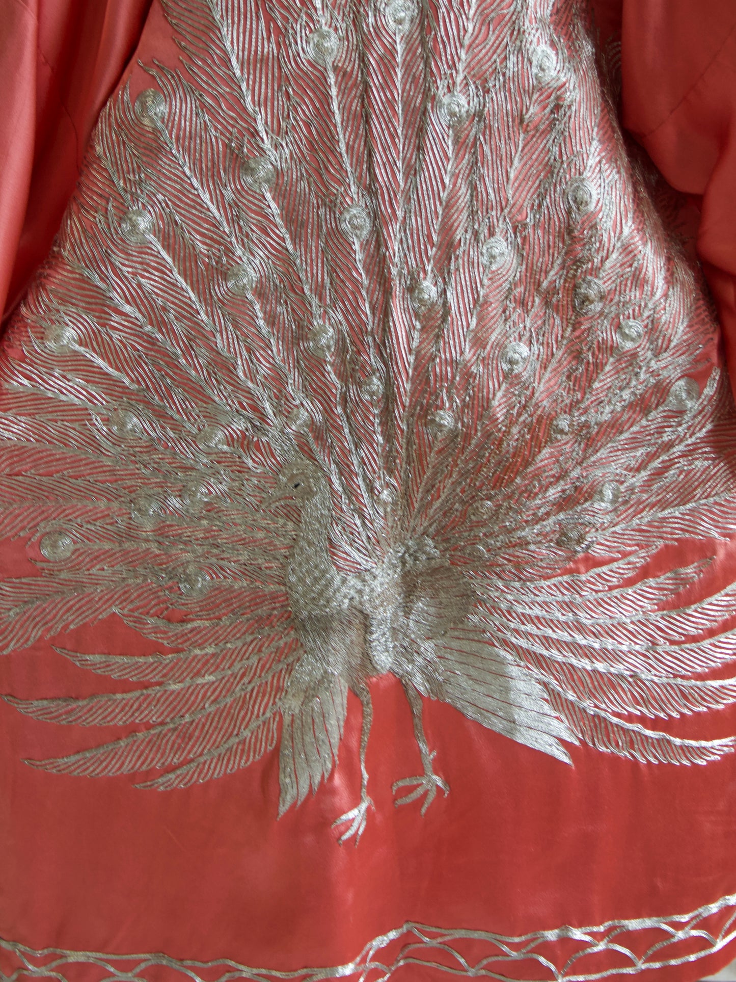 Rare 1940s Salmon Pink Gold Bullion Embroidered Peacock Robe