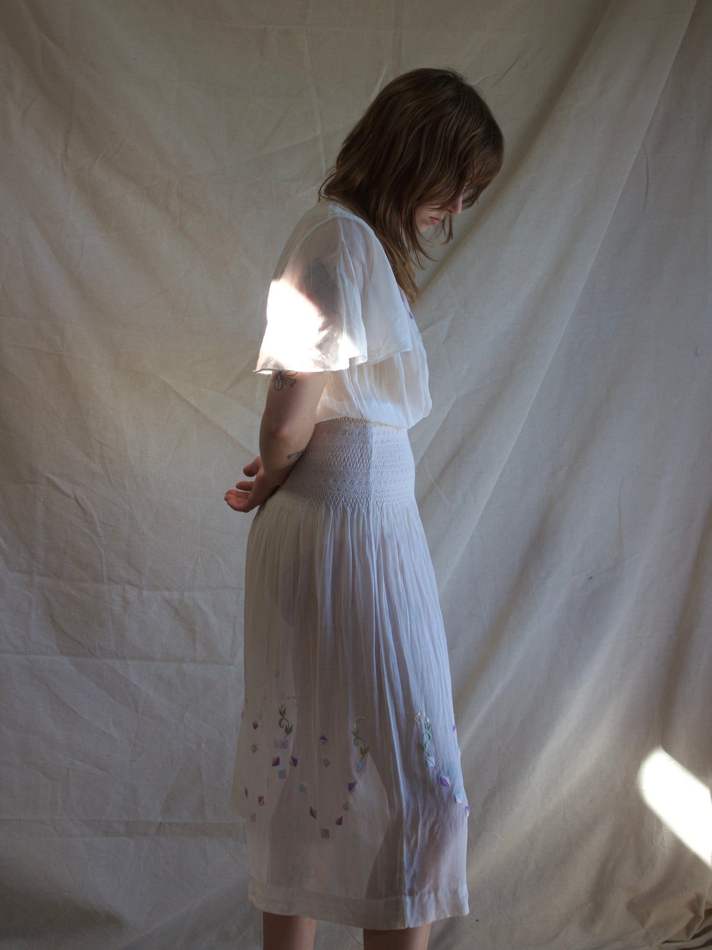 Antique 1920s Smocked Folk Flutter Sleeve Peasant Dress