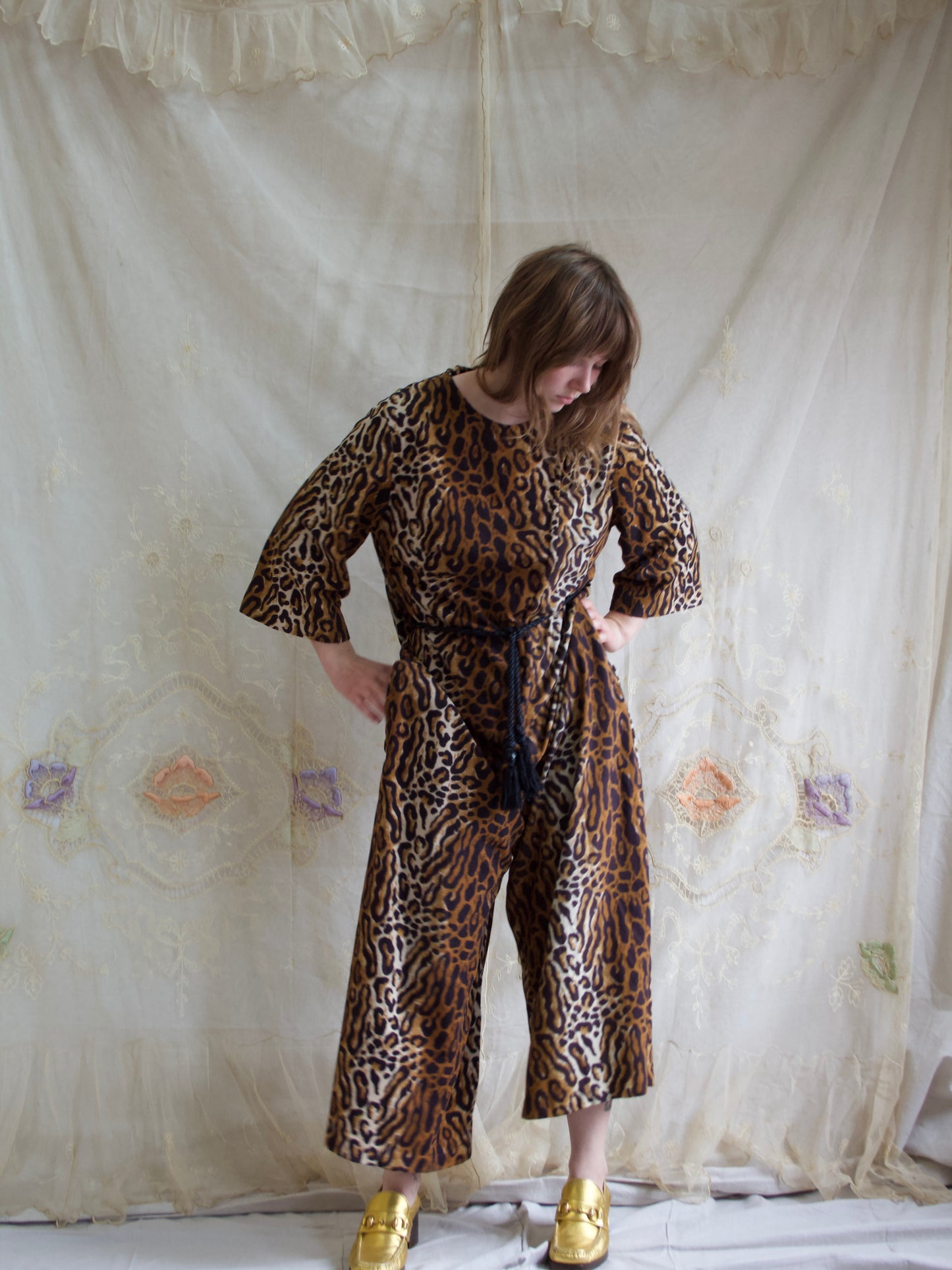 1950s Cheetah Print Plush Palazzo Pant Zip Front Lounge Jumpsuit