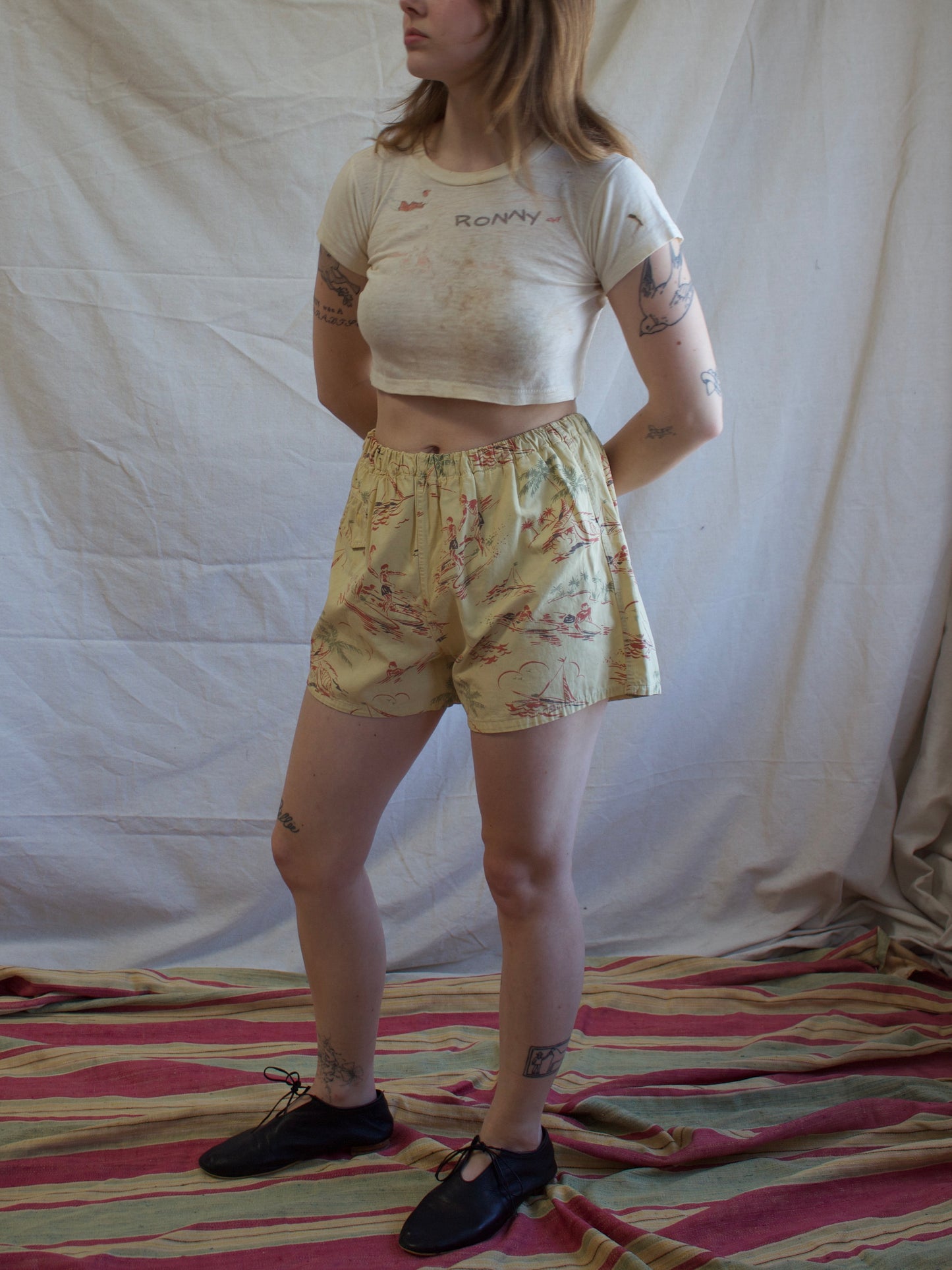 1940s/1950s Hawaiiana Surfer Print Swim/Play Shorts