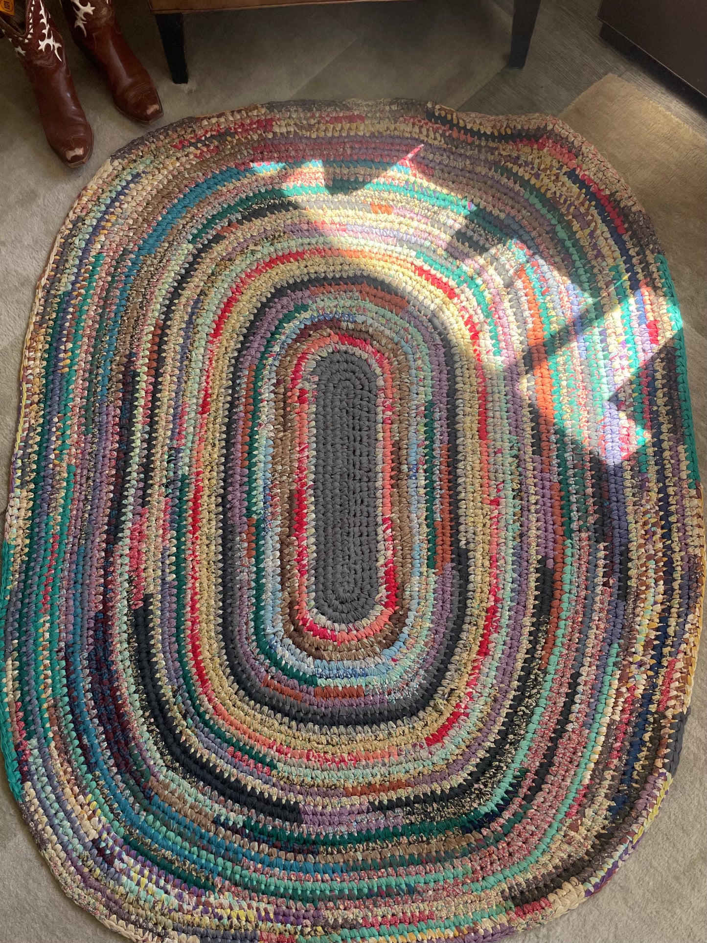 Depression Era Multi-Colored Feedsack Large Oval Area Rag Rug