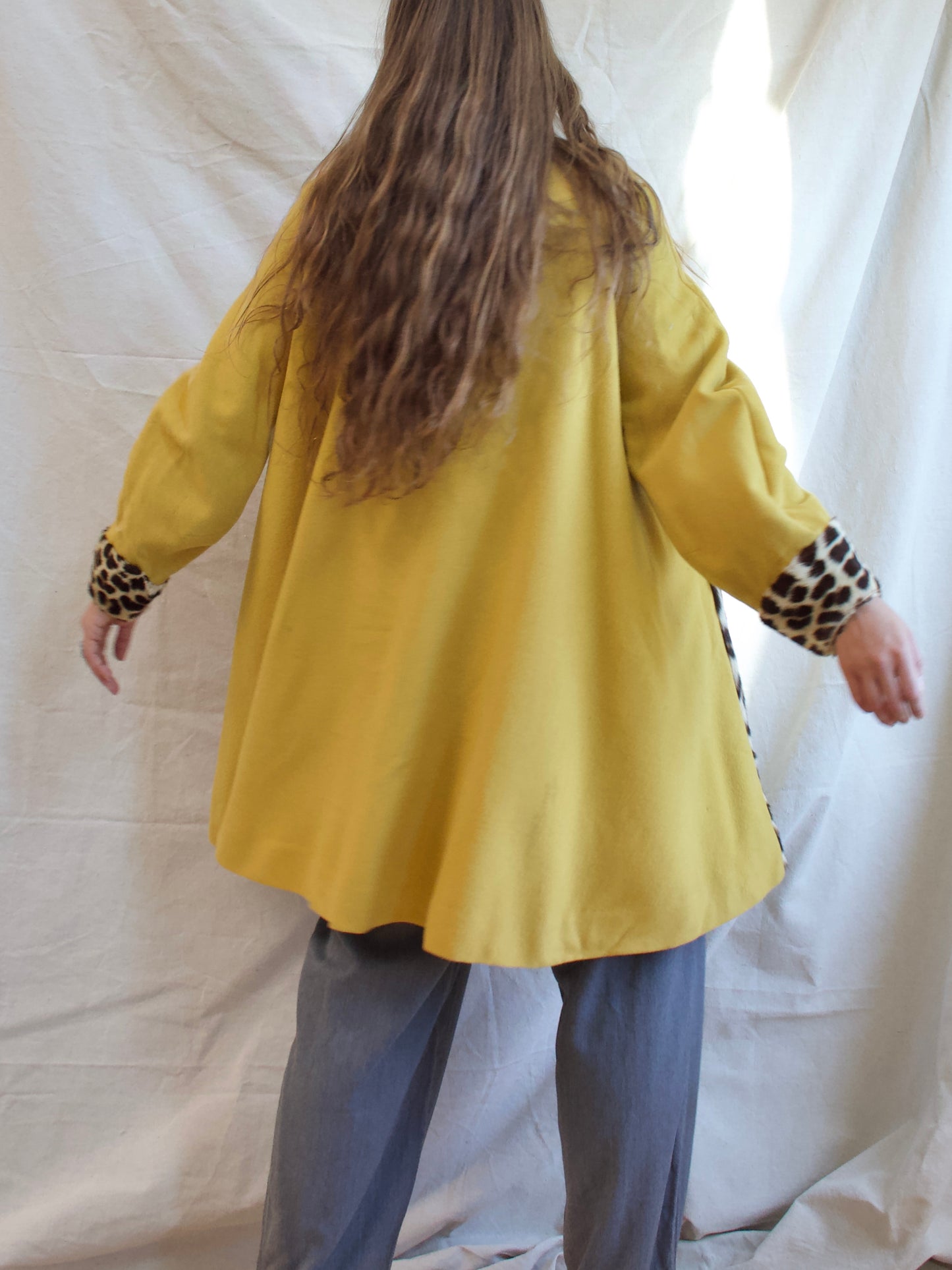 1940s Lemon Yellow Wool & Real Leopard Fur Swing Coat