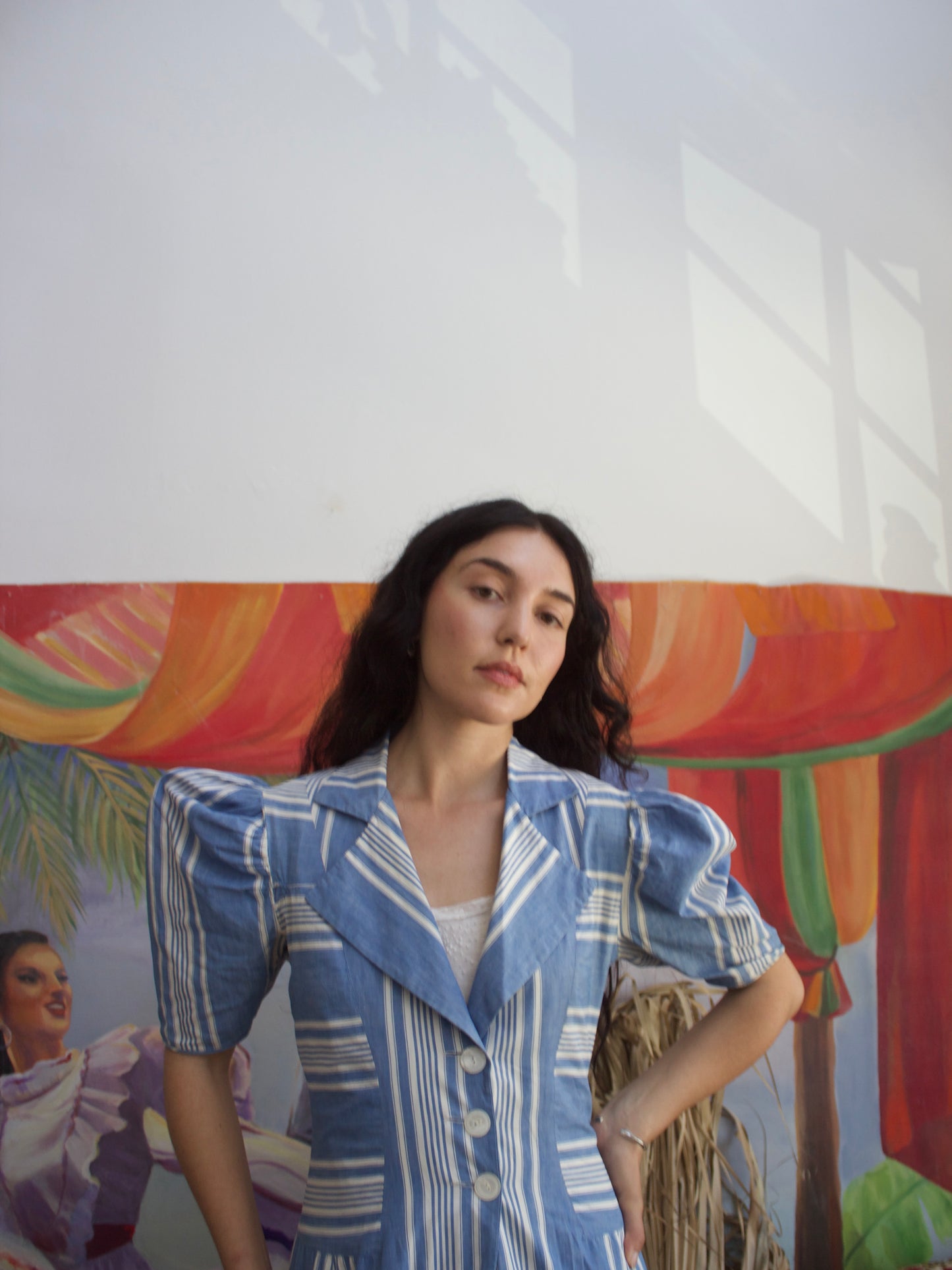1930s Extreme Puff Sleeve Striped Chambray Floor Length Duster