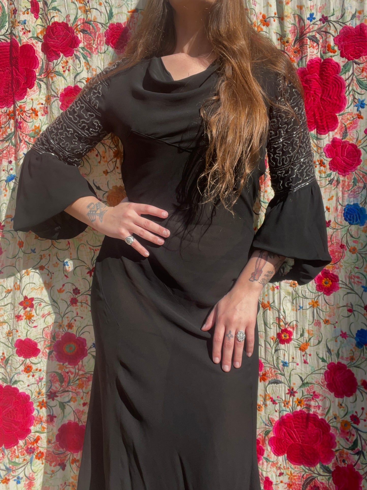 1930s Deco Jet Black Silk Crepe Glass Beaded Bishop Sleeve Dress
