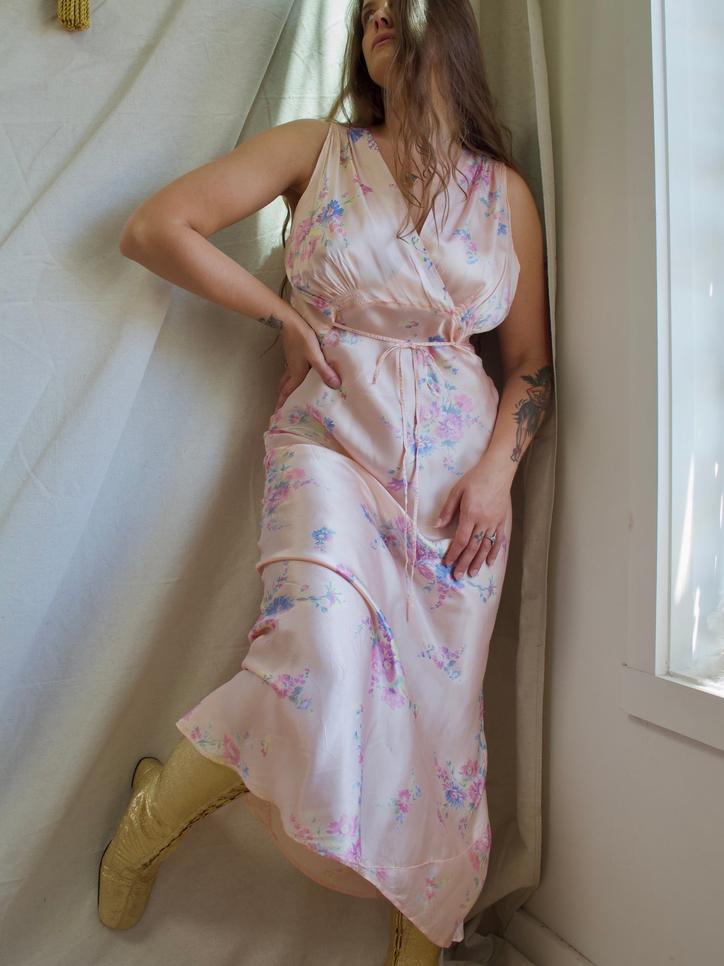 1930s Floral Satin Bias Cut Slip Dress