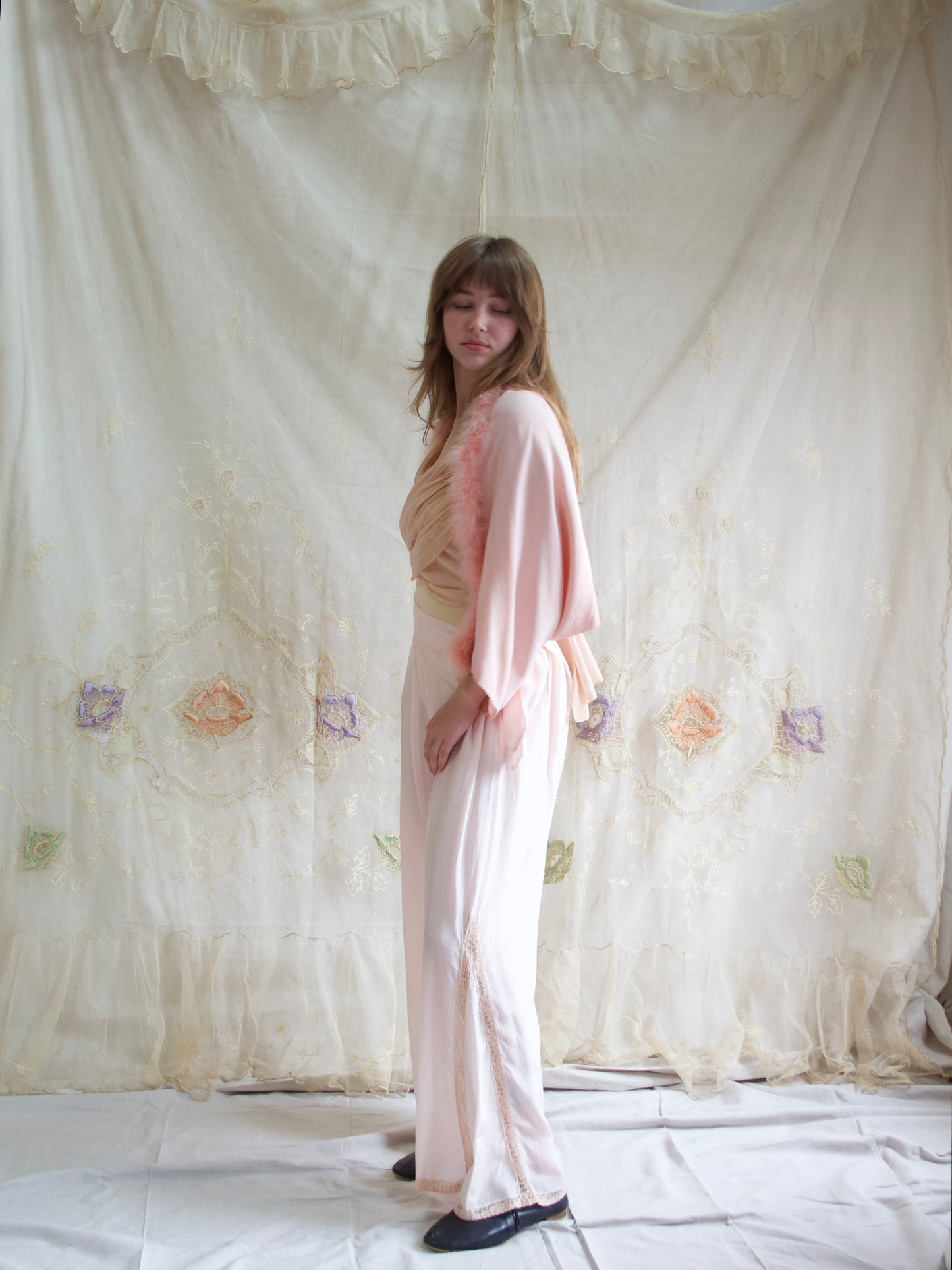 1930s Soft Pink Crepe, Chiffon & Marabou Trim Tie front Bolero