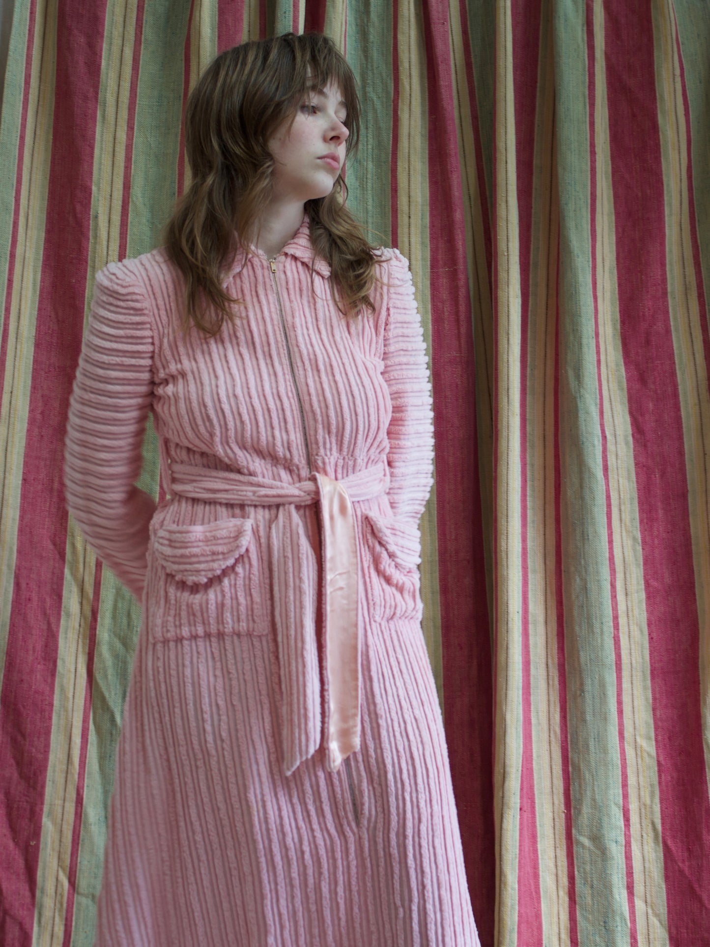 1940s Ballet Pink Chenille Puff Sleeve Tie Waist Dress