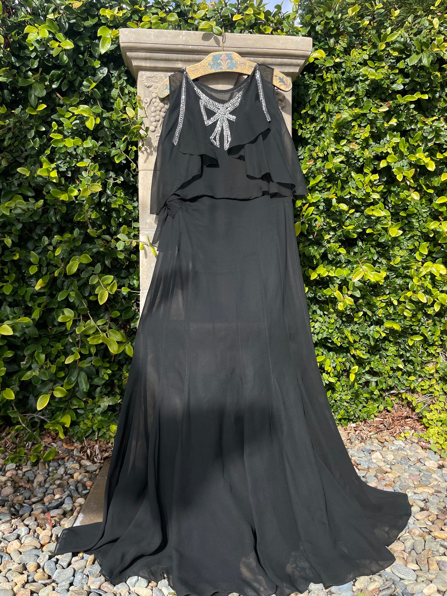 1930s Rhinestone Embellished Bow Capelet Chiffon Gown