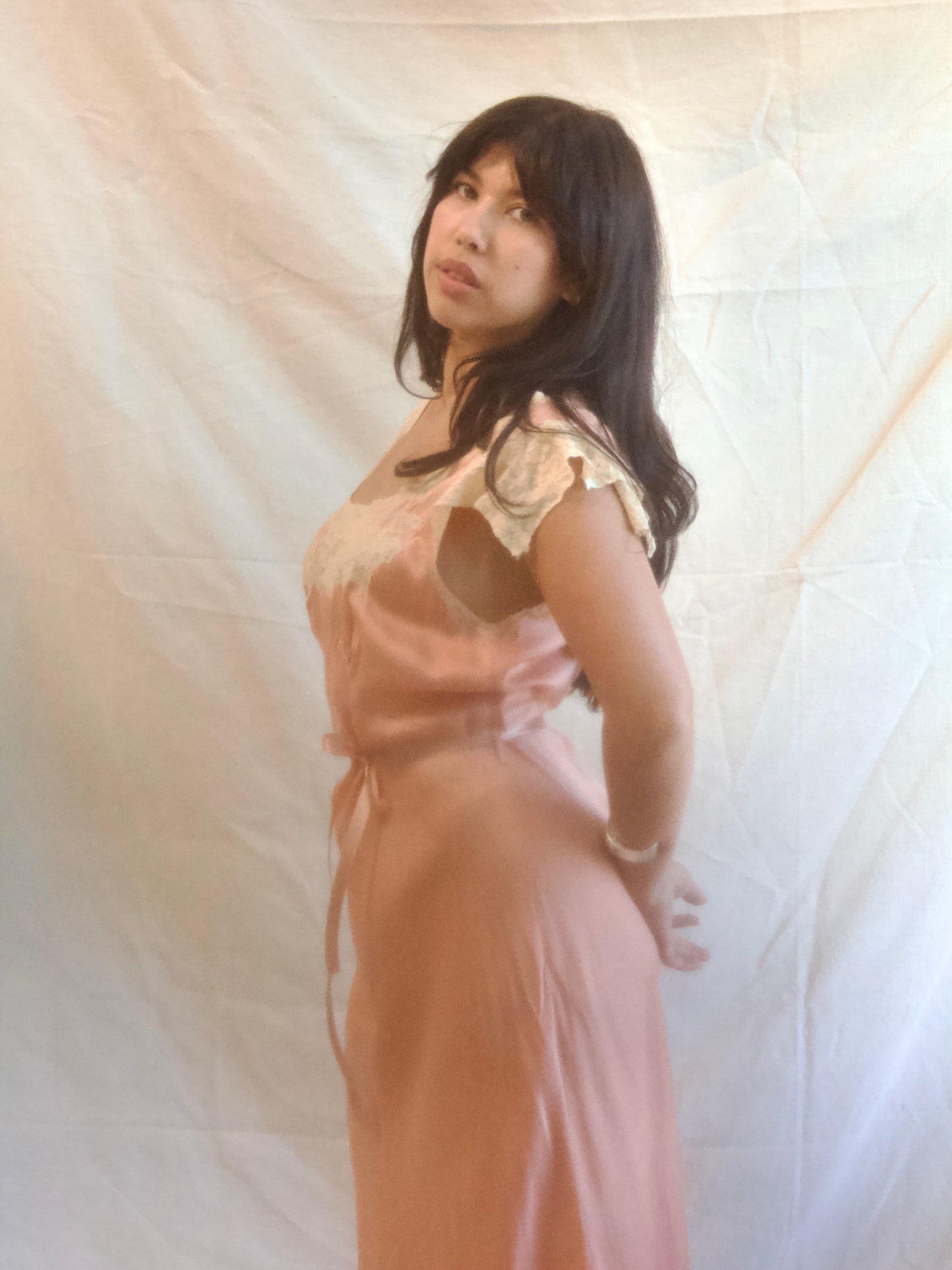 1930s Mauve Silk & Lace Cap Sleeve Bias Cut Braided Belt Slip Dress