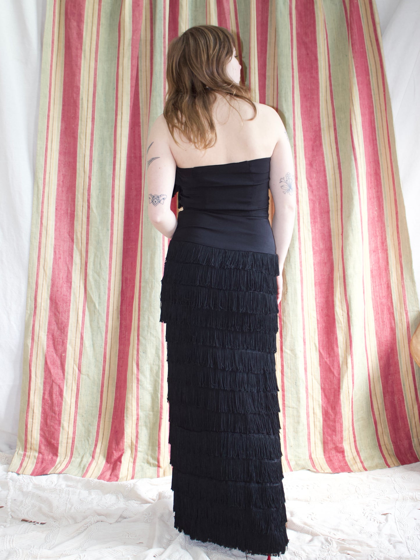 Rare 1940s Halter Style Floor Length Fringe Crepe Gown