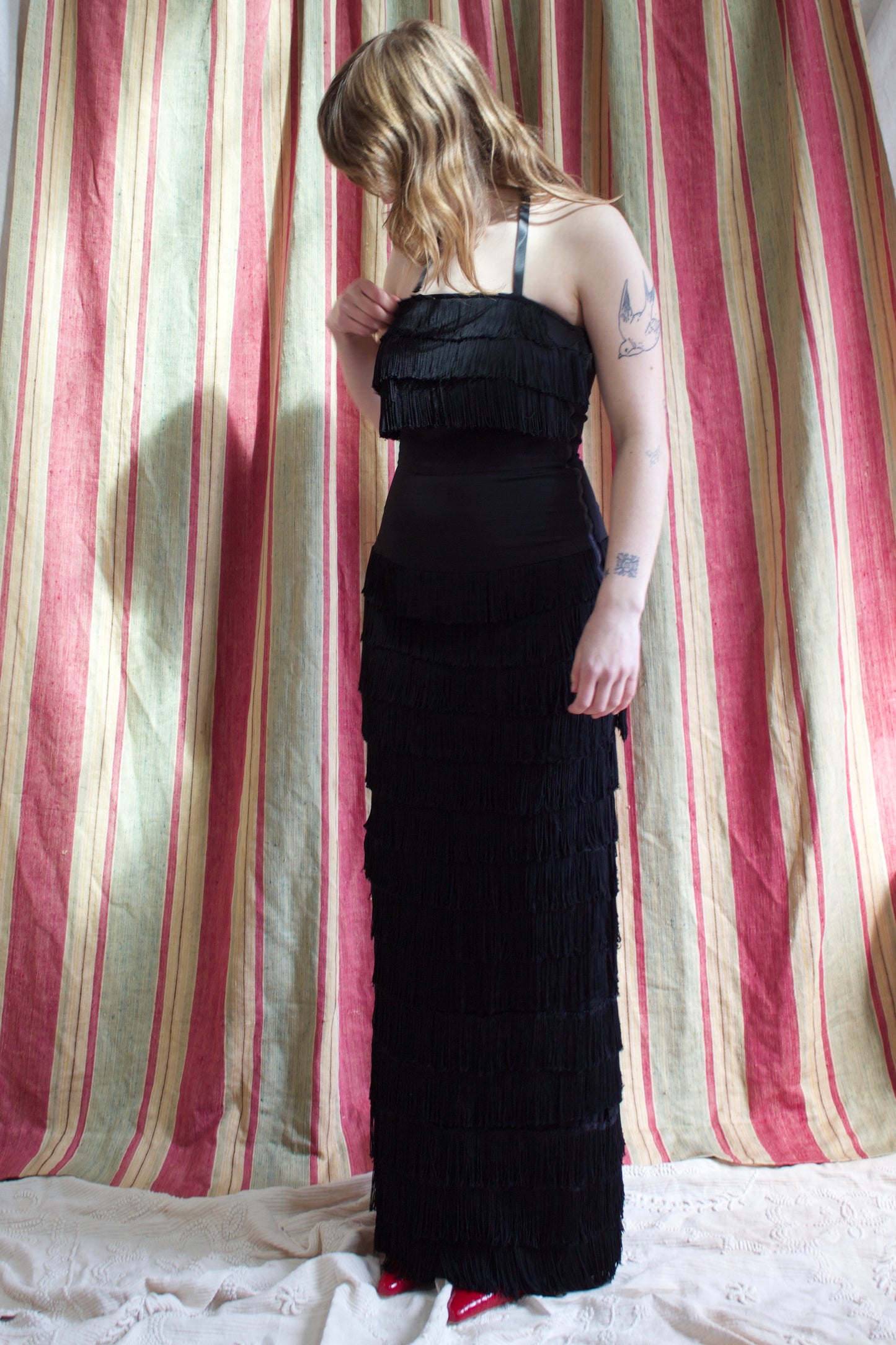 Rare 1940s Halter Style Floor Length Fringe Crepe Gown