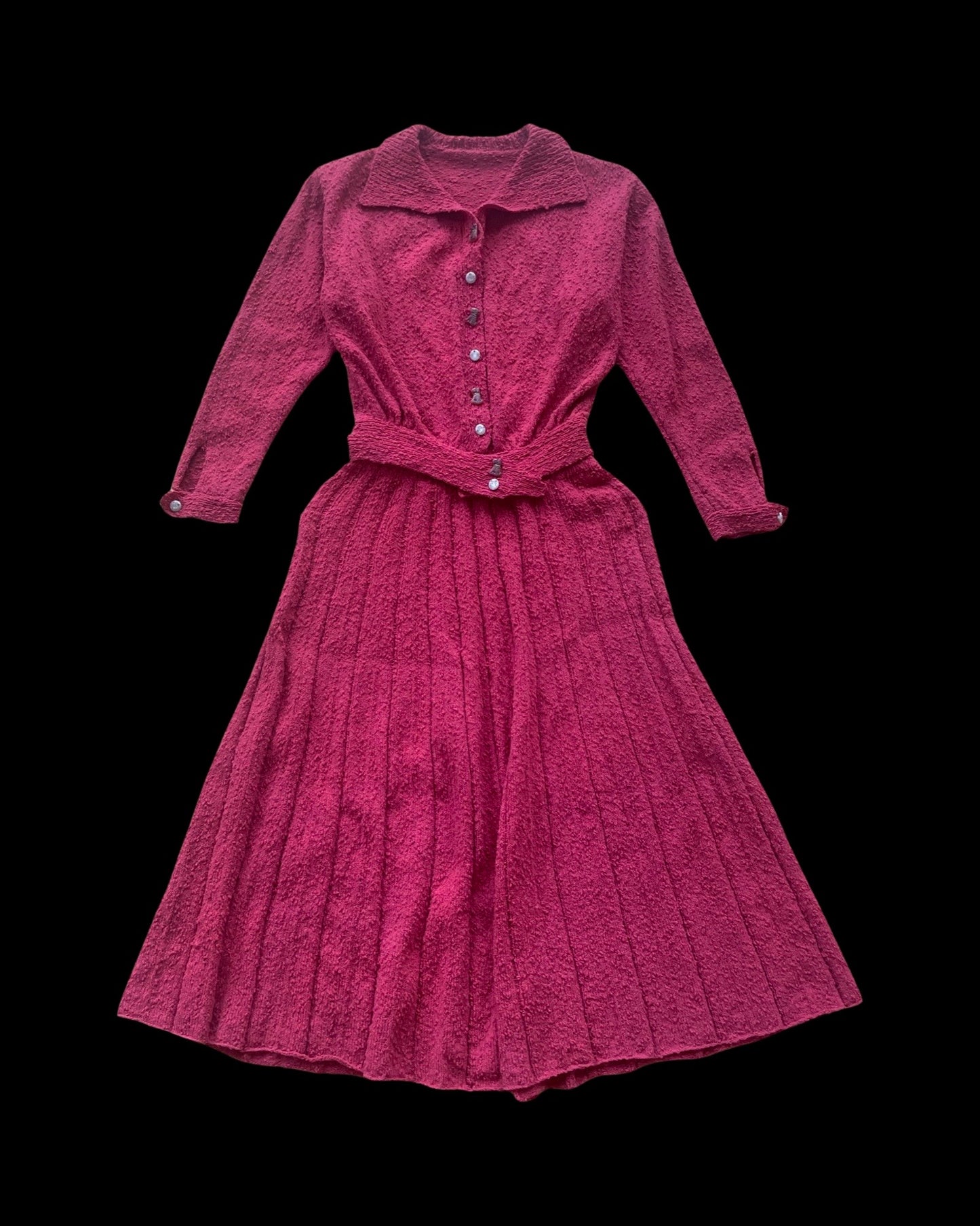 1950s Raspberry Two Piece Bouclé Knit Dress Set With Dog Glass Buttons