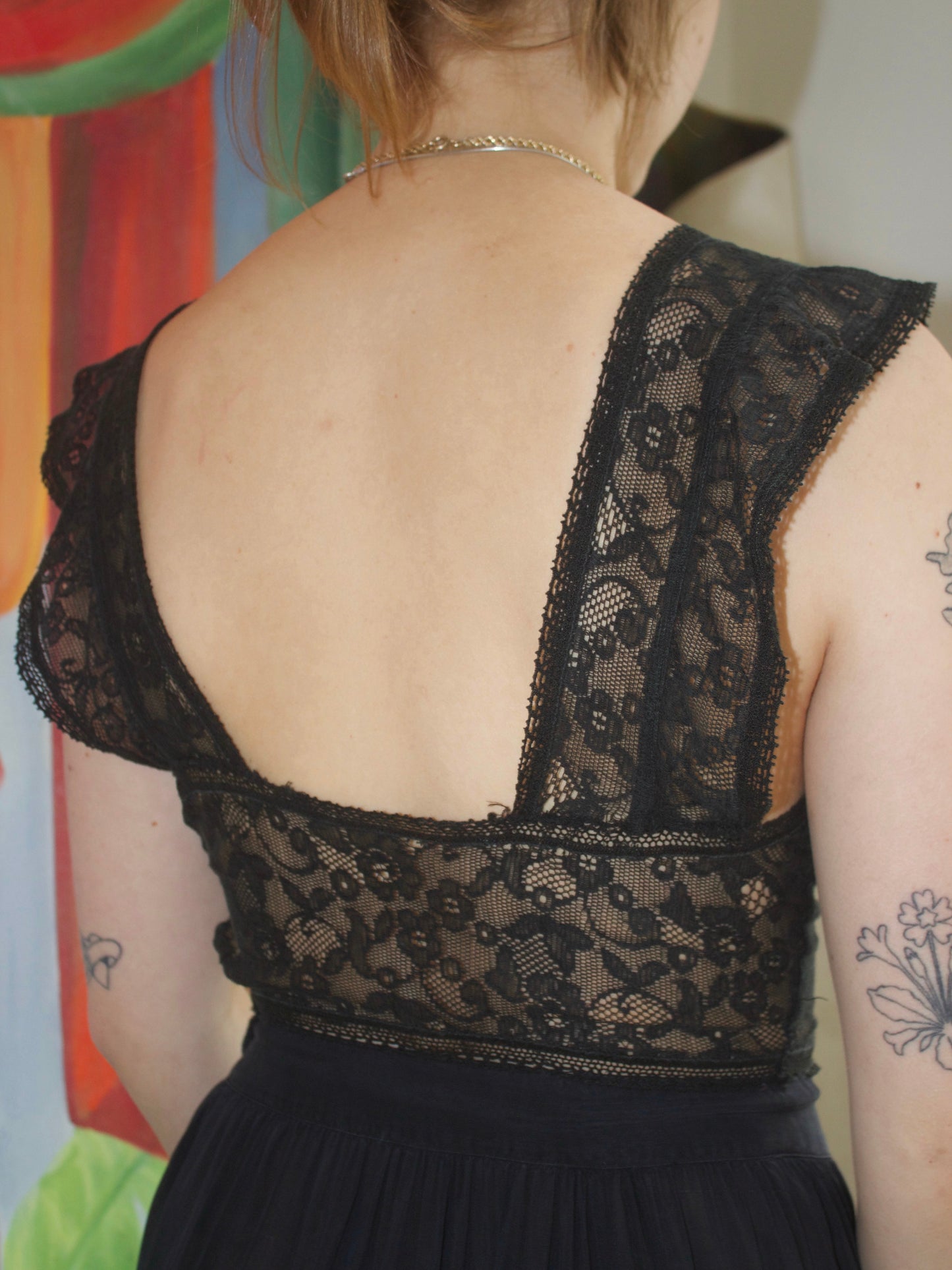 1930s Side Button Appliqué Lace & Silk Crepe Slip Dress