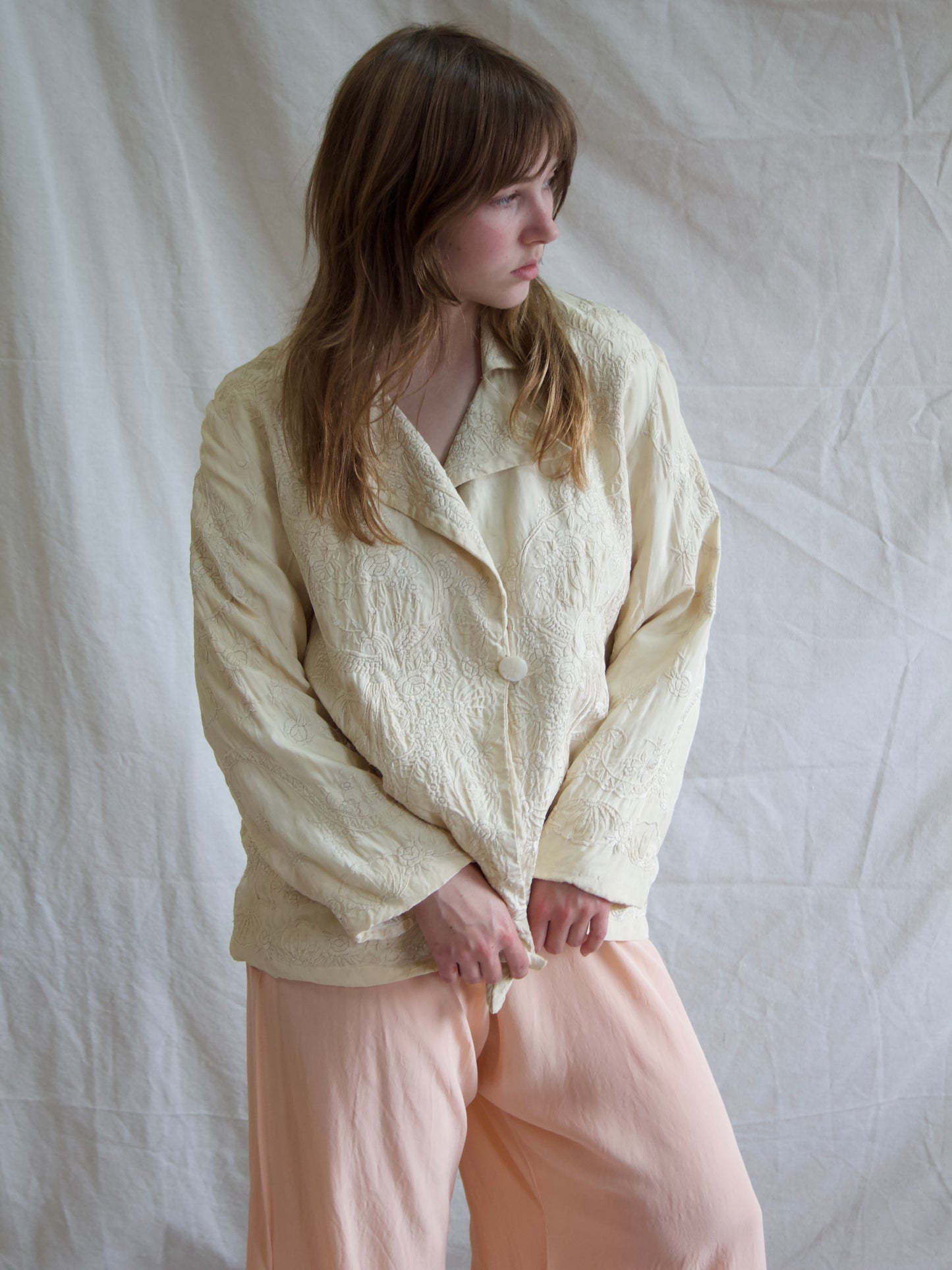 Antique 1920s Cream Silk Embroidered Chinese Jacket