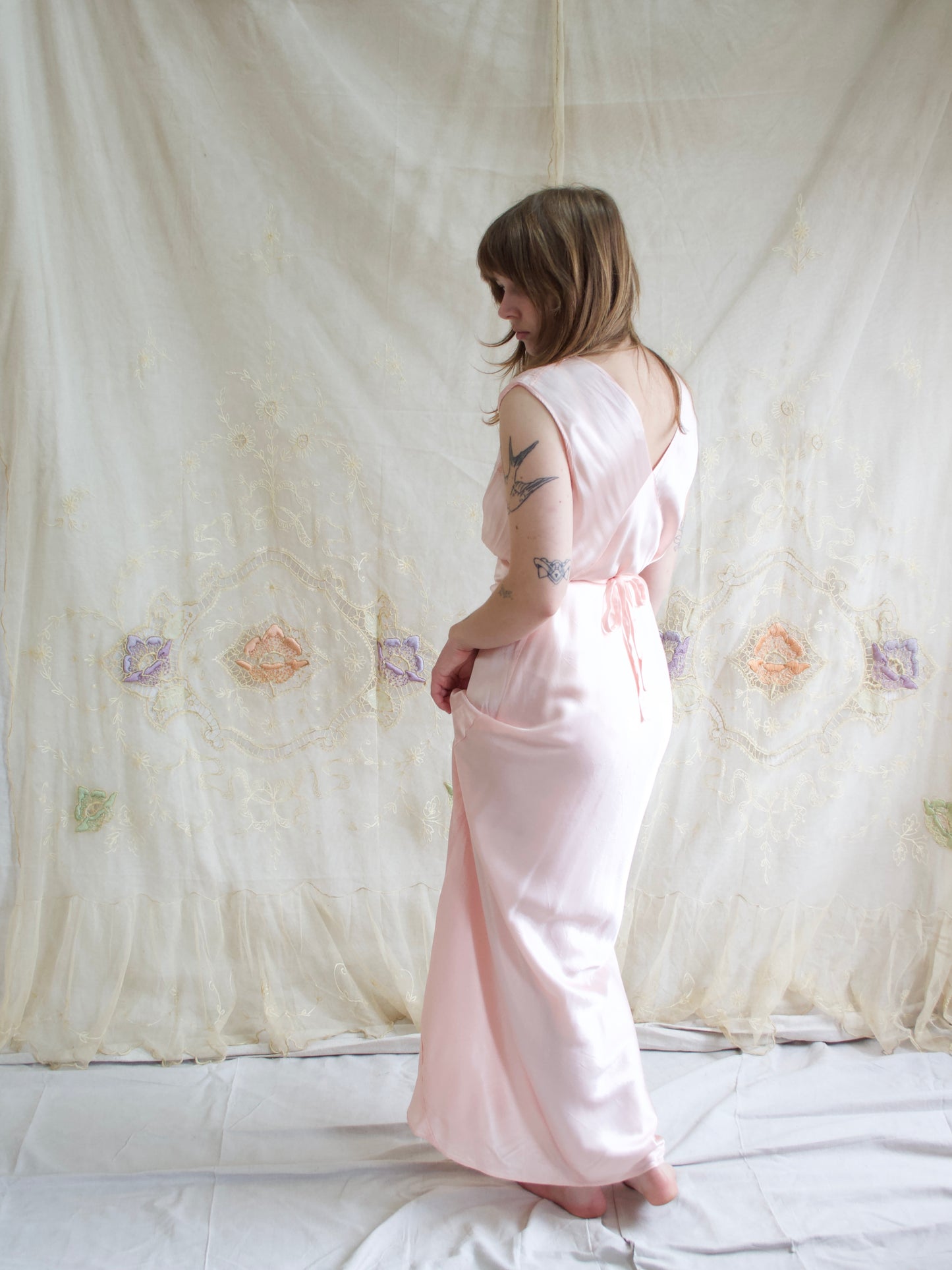 1940s Silk/Rayon Ballet Pink Floral Applique Bias Cut Slip Dress