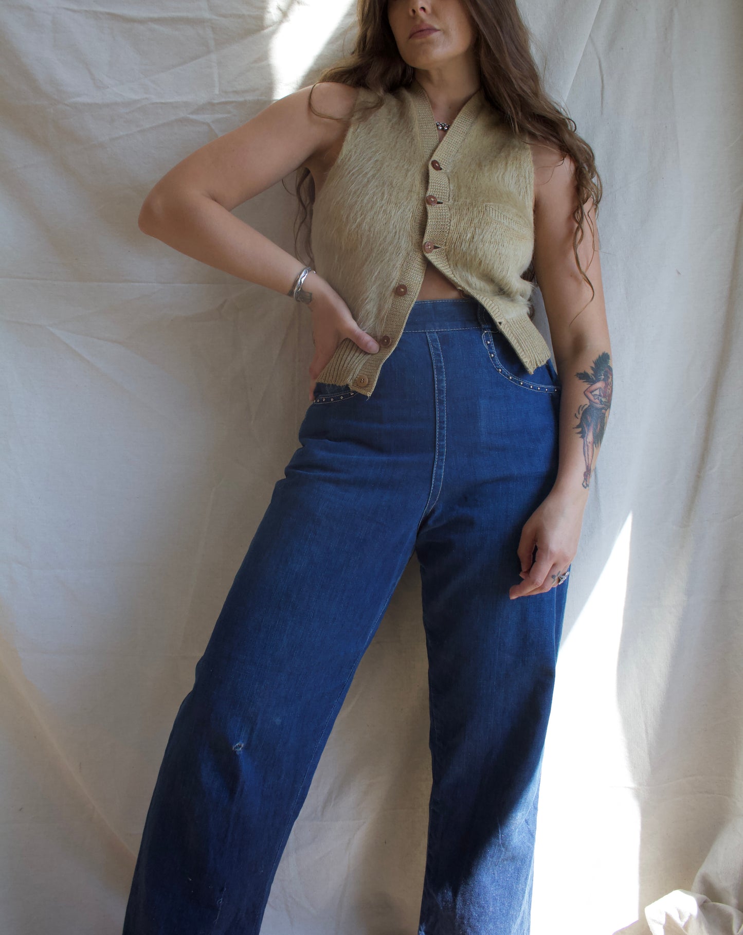 1950s Studded Dark Wash Side Zip Jeans