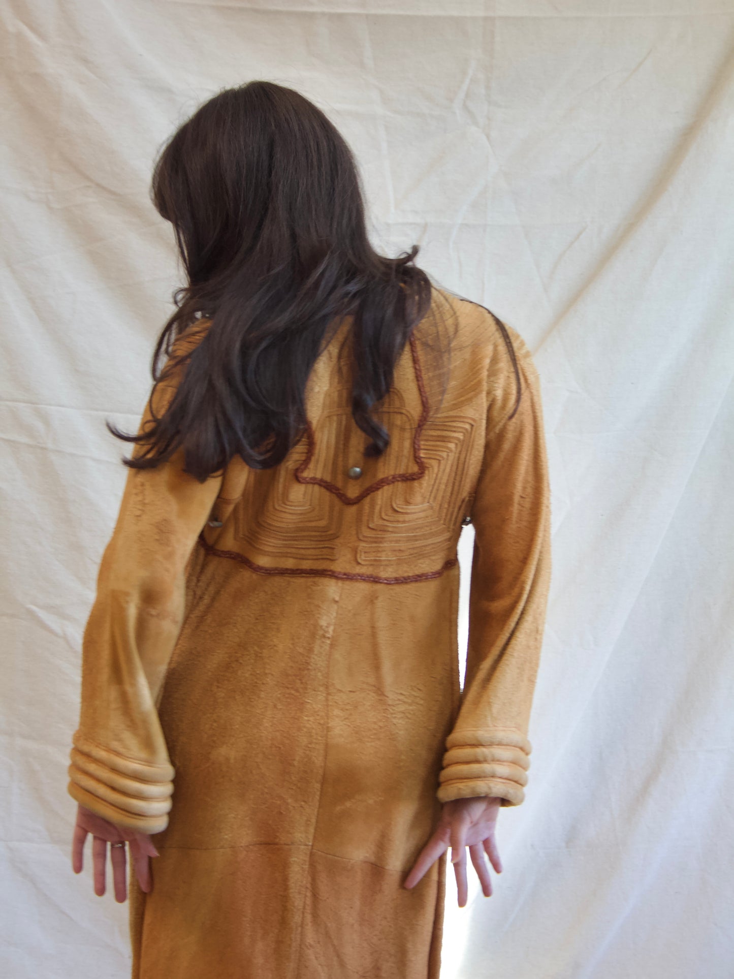 1970s OOAK Hippie Suede Leather Bell Sleeve Dress