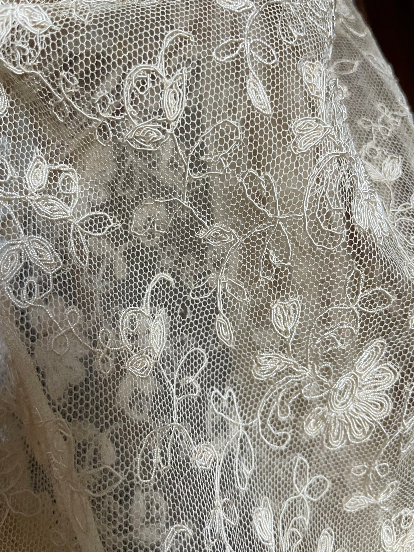 1930s Three Piece Ecru Tambour Lace Flutter Sleeve Gown